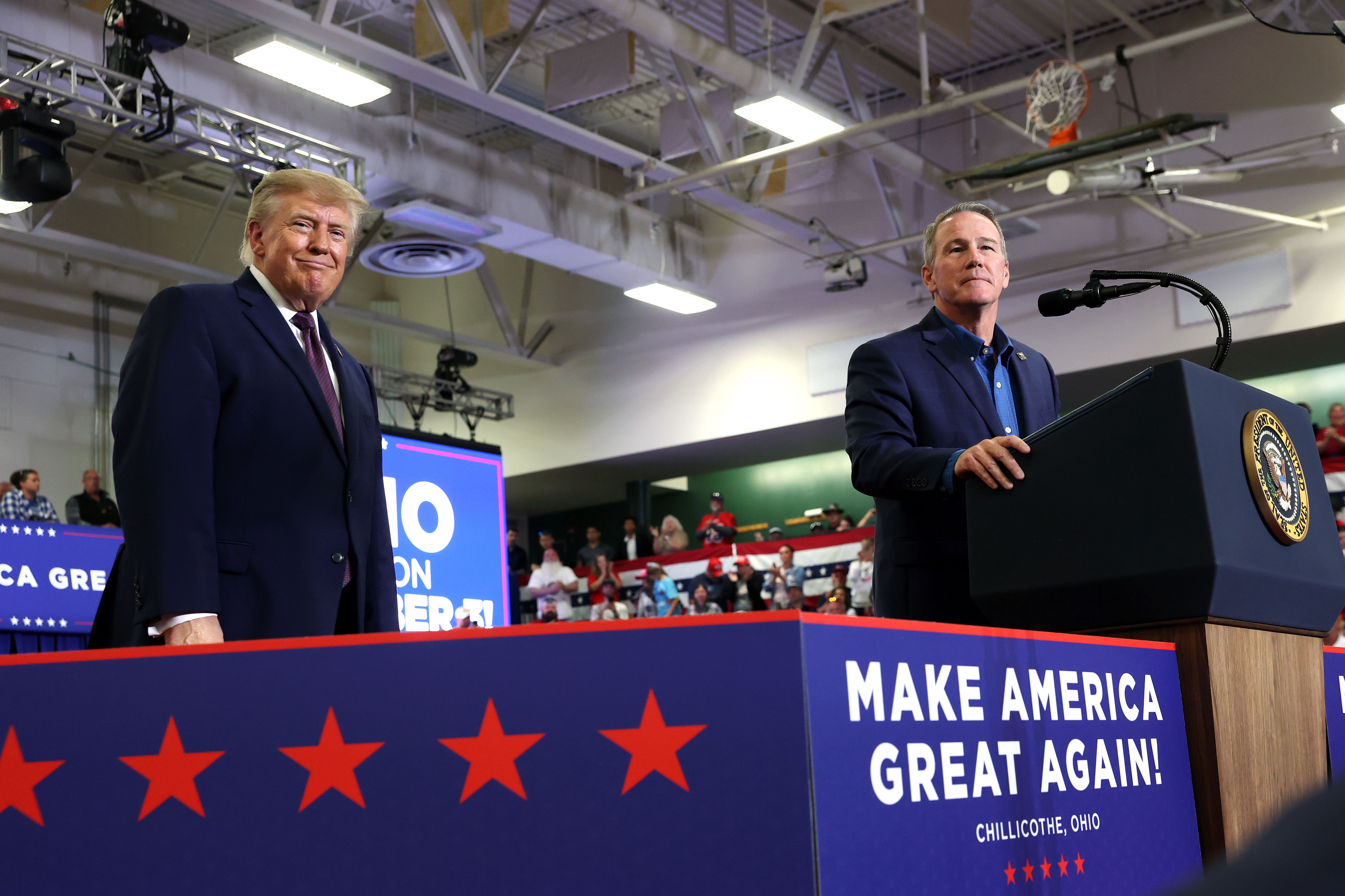 President Trump campaigns with Sen. Jon Husted (R-Ohio) in Chillicothe, Ohio, yesterday.