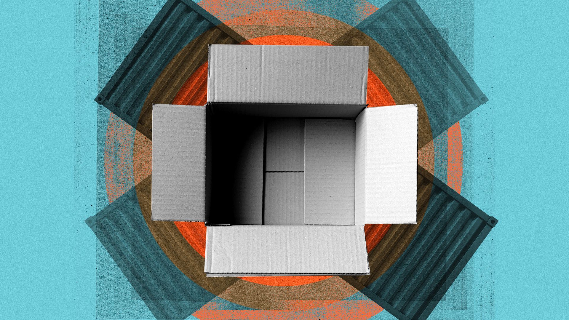 Illustration collage of an open cardboard box sitting above shipping containers and geometric shapes