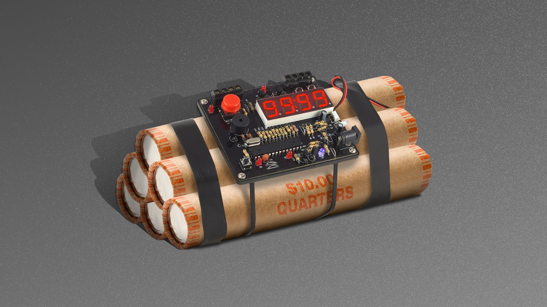 Illustration of rolls of quarters as the dynamite in a timebomb