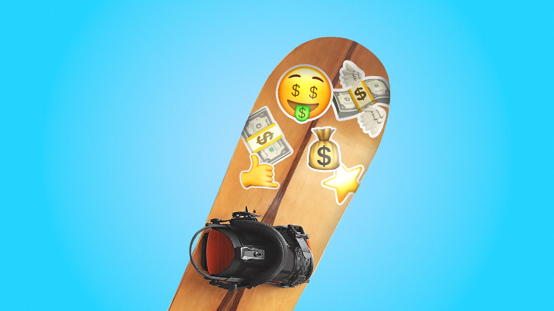 a snowboard covered in various stickers that are mostly money related
