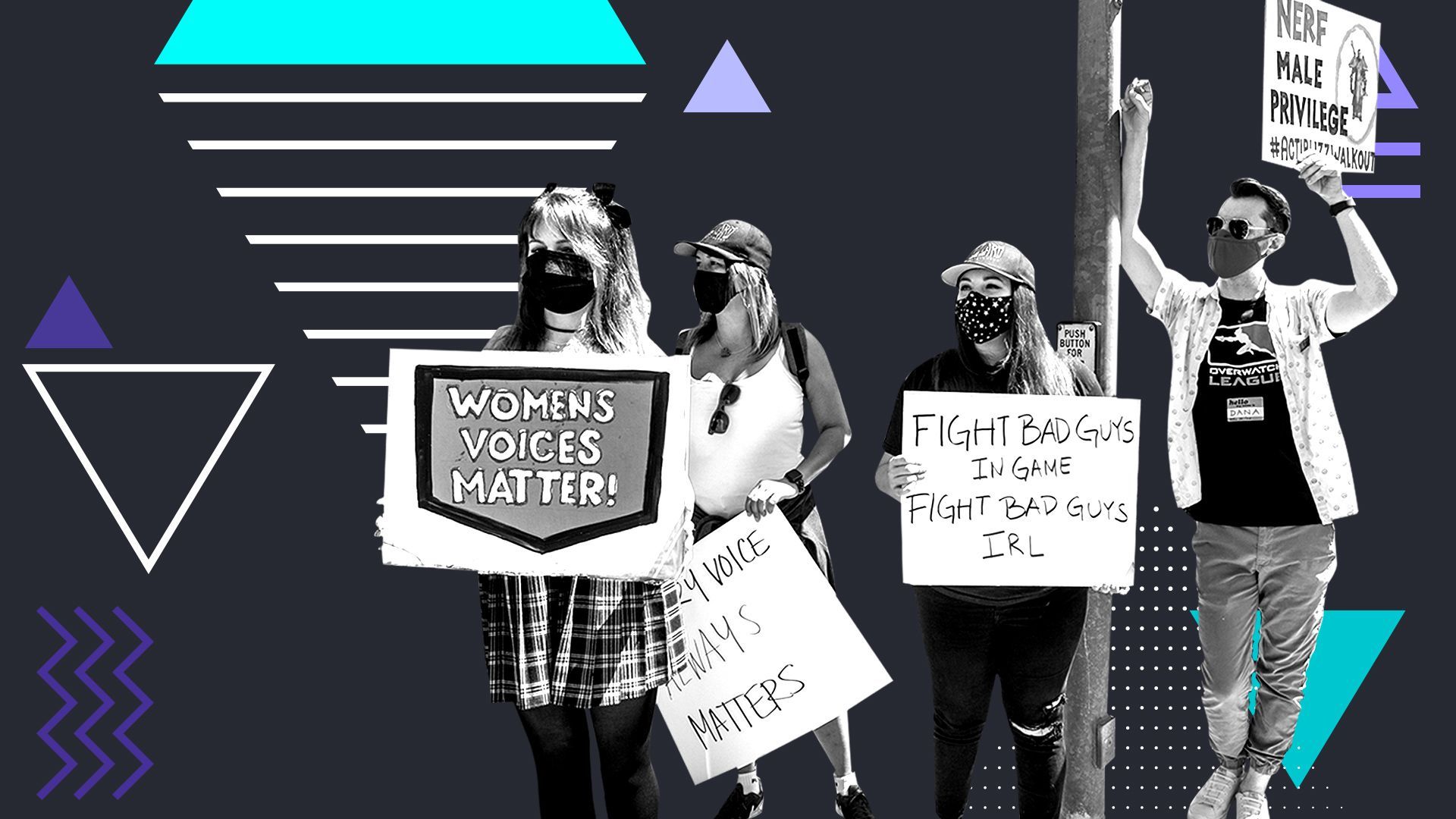 Photo illustration of Activision employees protesting against misconduct. 