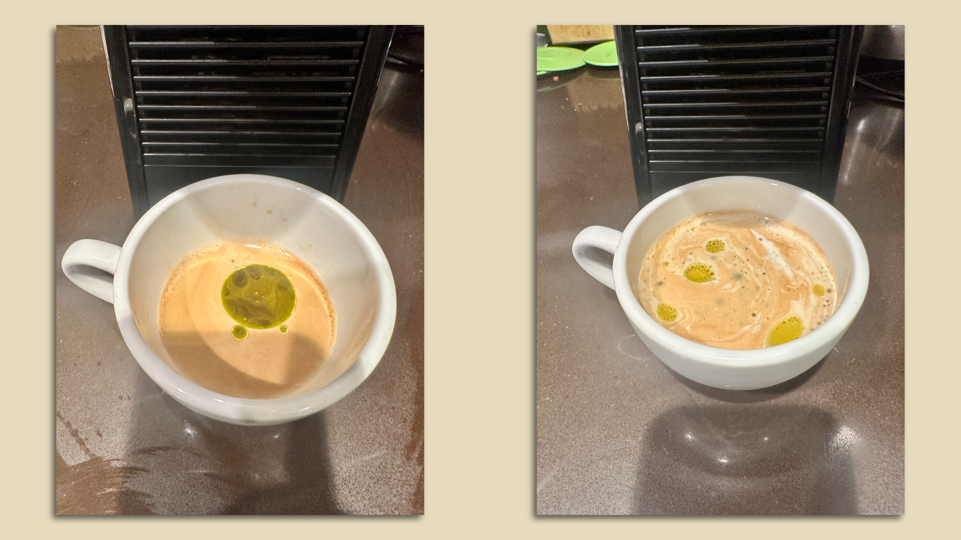 A photo at left of espresso with olive oil added, and at left, a photo of a cup of espresso with olive oil and milk added