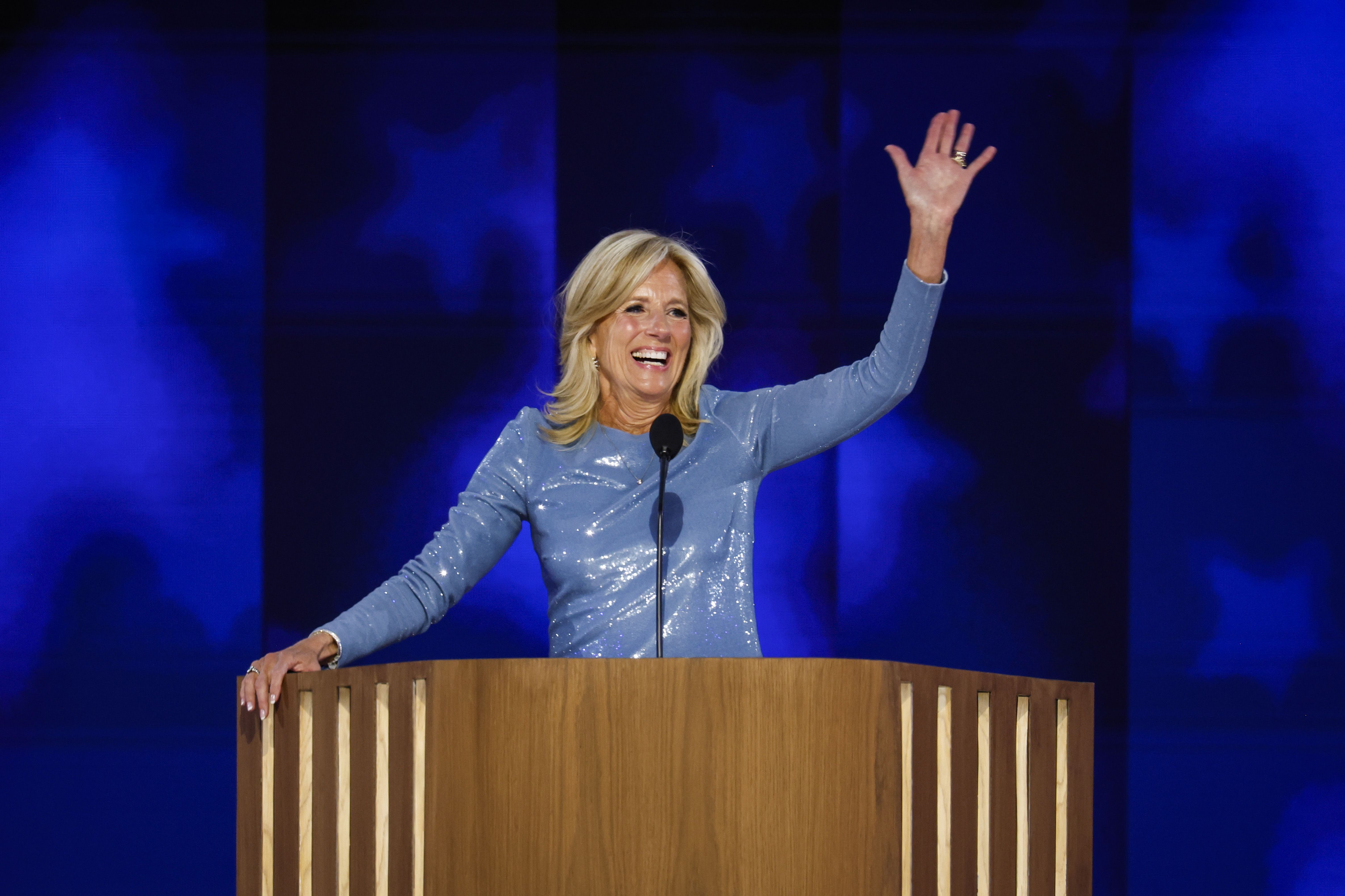First Lady Jill Biden speaks onstage during the first day of the Democratic National Convention at the United Center on August 19, 2024 in Chicago, Illinois. 