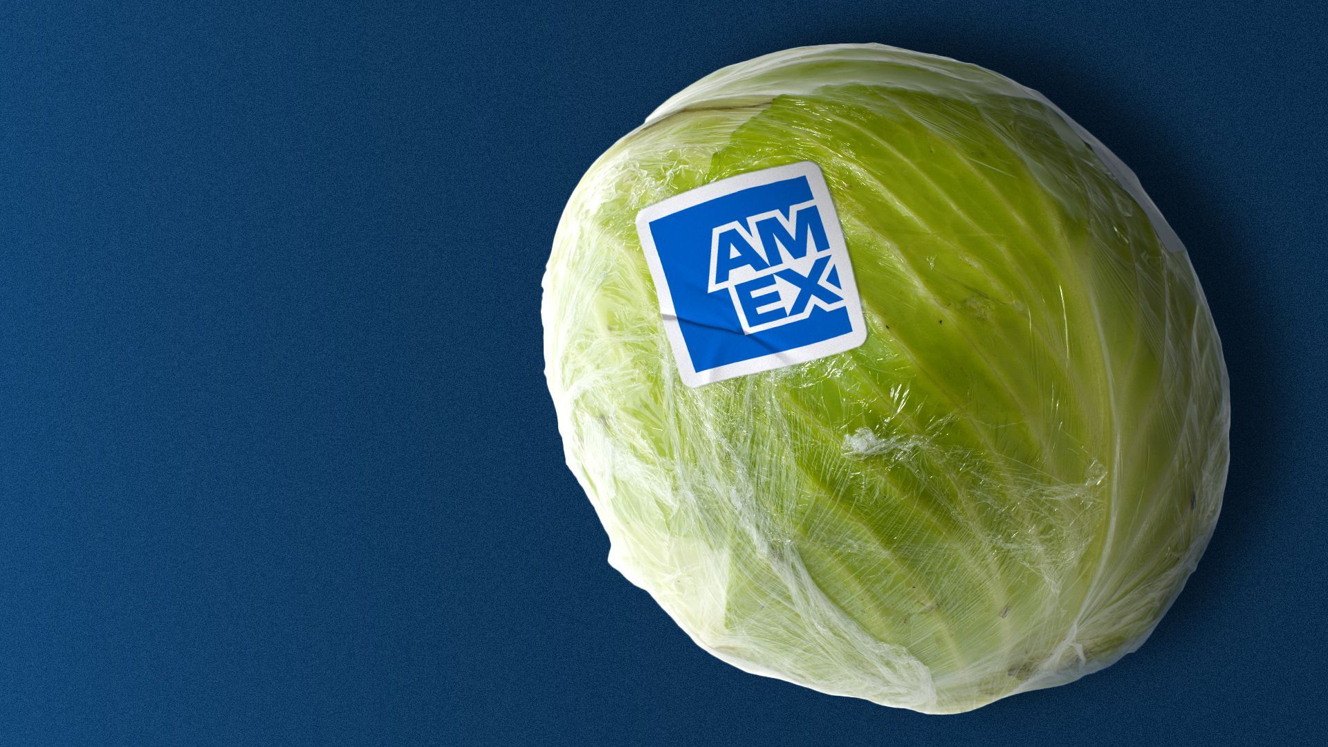 Illustration of a produce sticker with the American Express logo stuck on a head of cabbage.