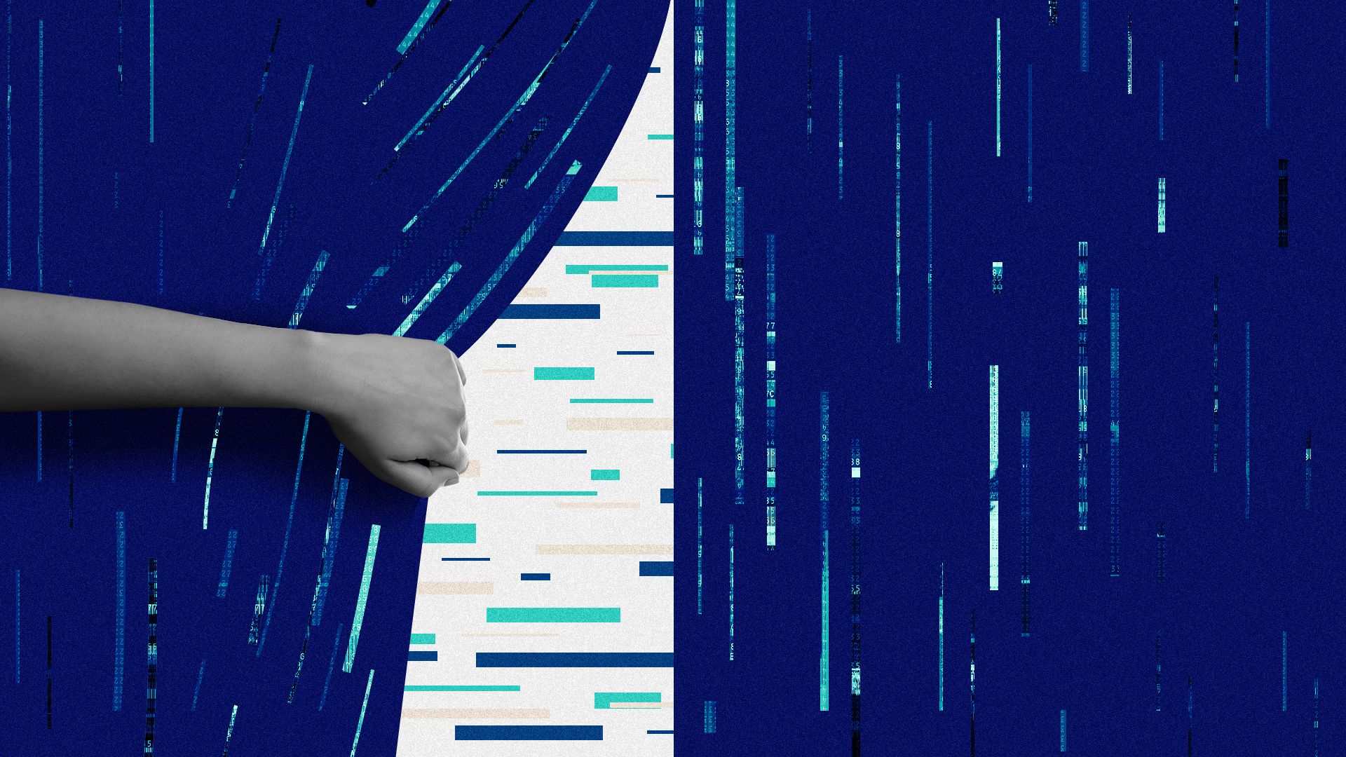 Illustration of a hand covered in abstract binary shapes pulling back a blue curtain revealing an abstract neutral background with colored rectangles moving in the opposite direction of the binary code. 