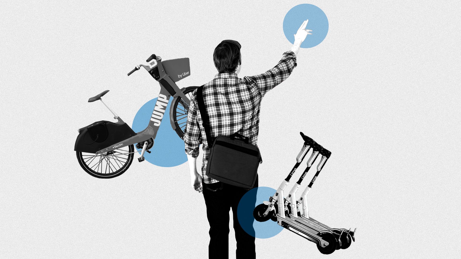 Illustrated collage of a man hailing a cab, a share bike and an e-scooter