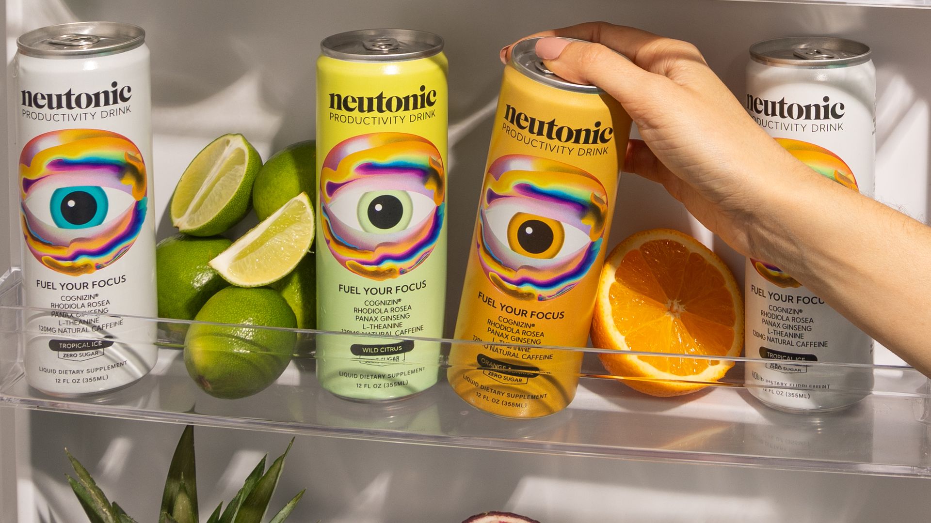 Cans of Neutonic being pulled from the fridge.