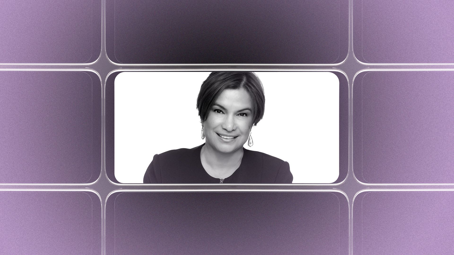 Photo illustration of a grid of smartphone screens, the center one showing an image of Florencia Velasco Fortner.