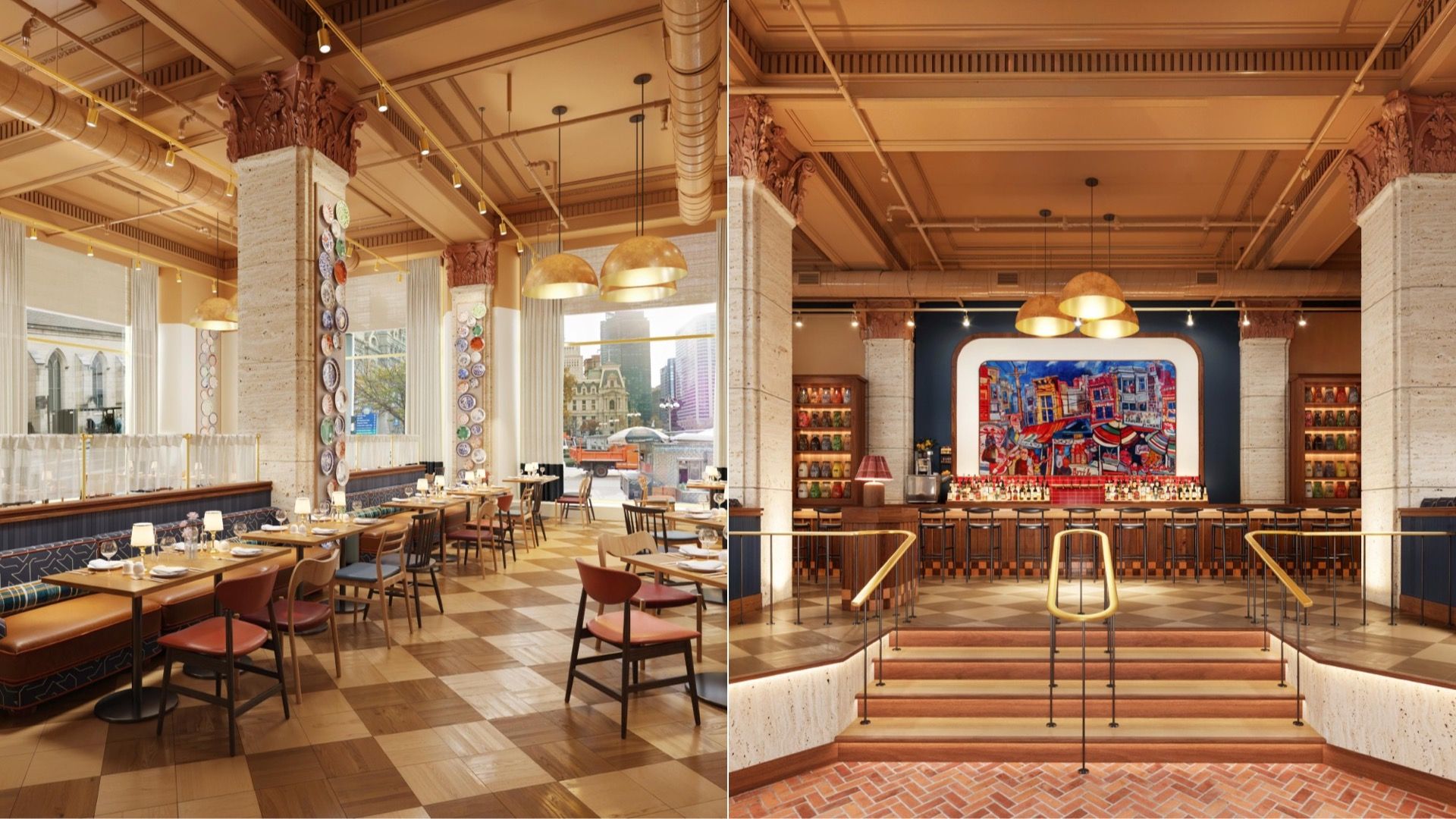 Left to right: Renderings of the inside of Recipe Philly, a new restaurant opening in Philly in spring 2026.