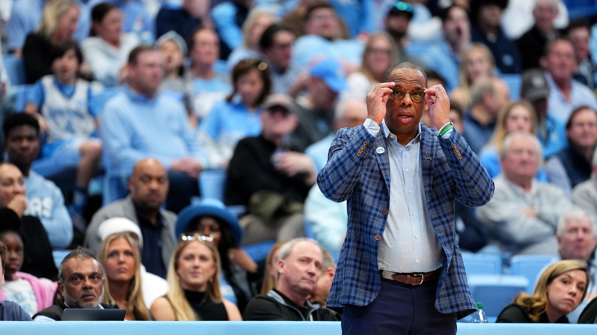 CHAPEL HILL, NORTH CAROLINA - FEBRUARY 22: ead coach Hubert Davis of the North Carolina Tar Heels looks on during the first half of the game against the Virginia Cavaliers at the Dean E. Smith Center on February 22, 2025 in Chapel Hill, North Carolina. (Photo by Grant Halverson/Getty Images)