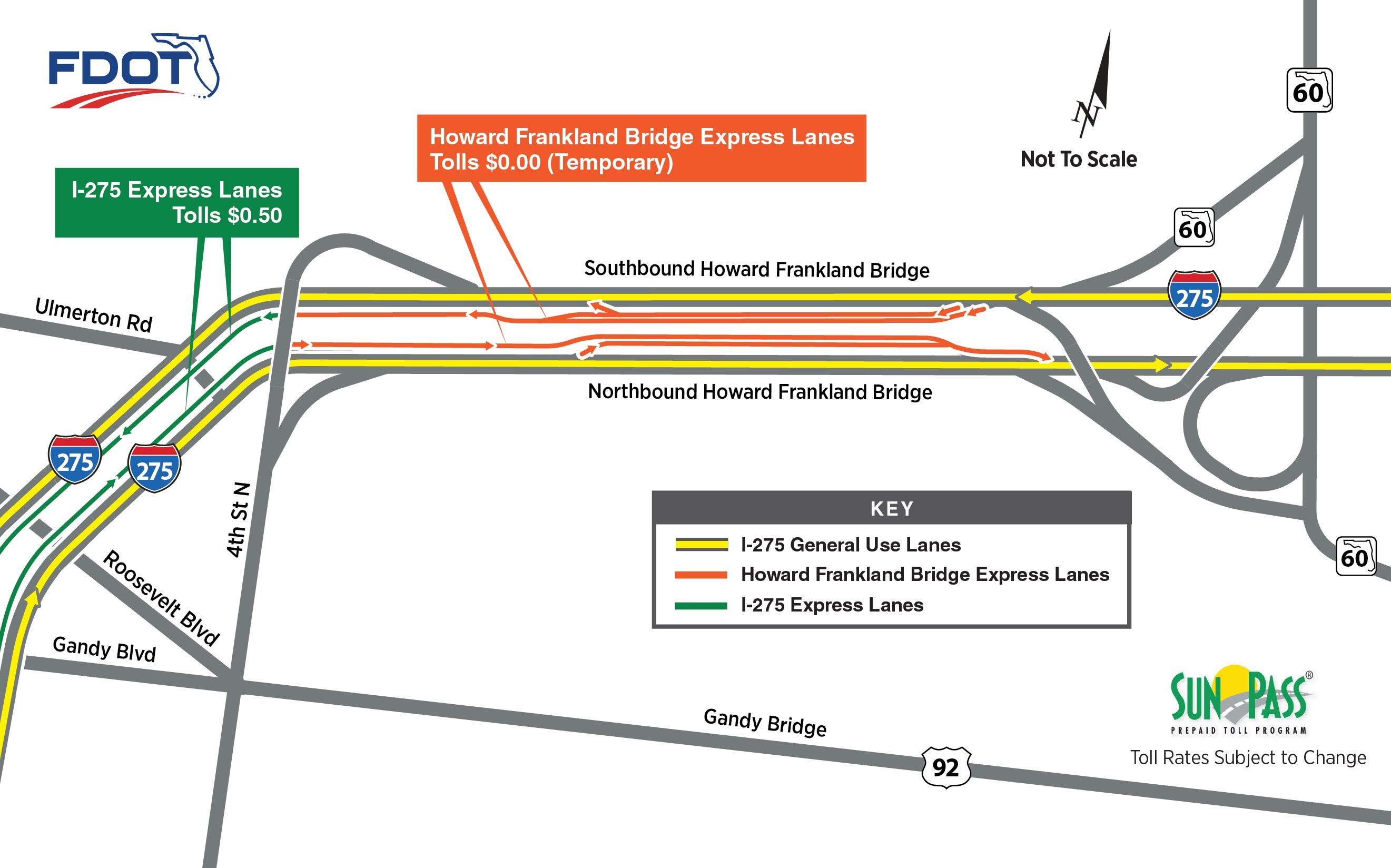 FDOT map of I-275 showing green I-275 Express Lanes, orange Howard Frankland Bridge Express Lanes, yellow general-use lanes; tolls shown; not to scale; SunPass logo bottom right.