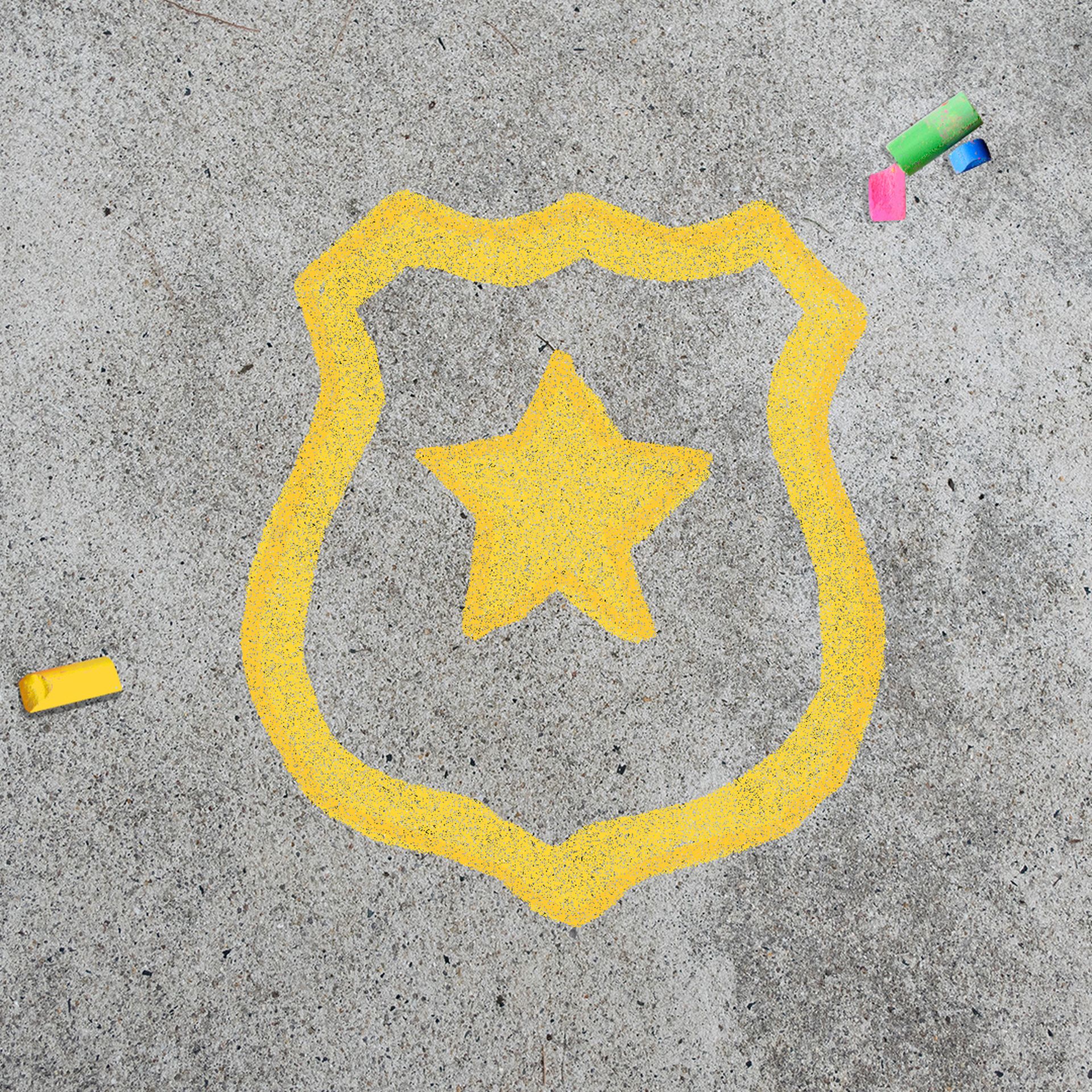Illustration of a chalk drawing of a police badge on sidewalk.