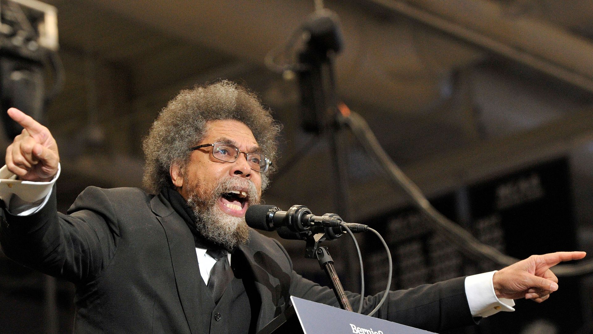 US philosopher and activist Cornel West addresses a rally for Democratic presidential hopeful Senator Bernie Sanders (not pictured) at the University of New Hampshire in Durham, New Hampshire on February 10, 2020. 