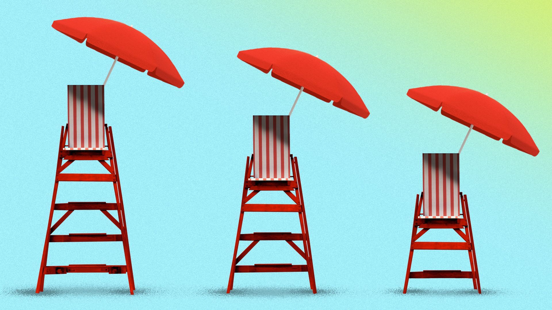 Illustration of lifeguard towers stylized as a downward trending bar chart, shrinking in size. 