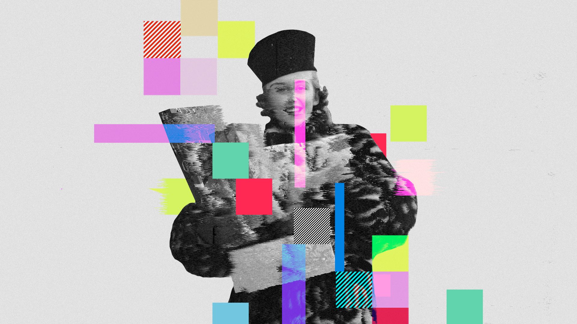 Illustration of a woman holding shopping bags interrupted by cubes and glitches