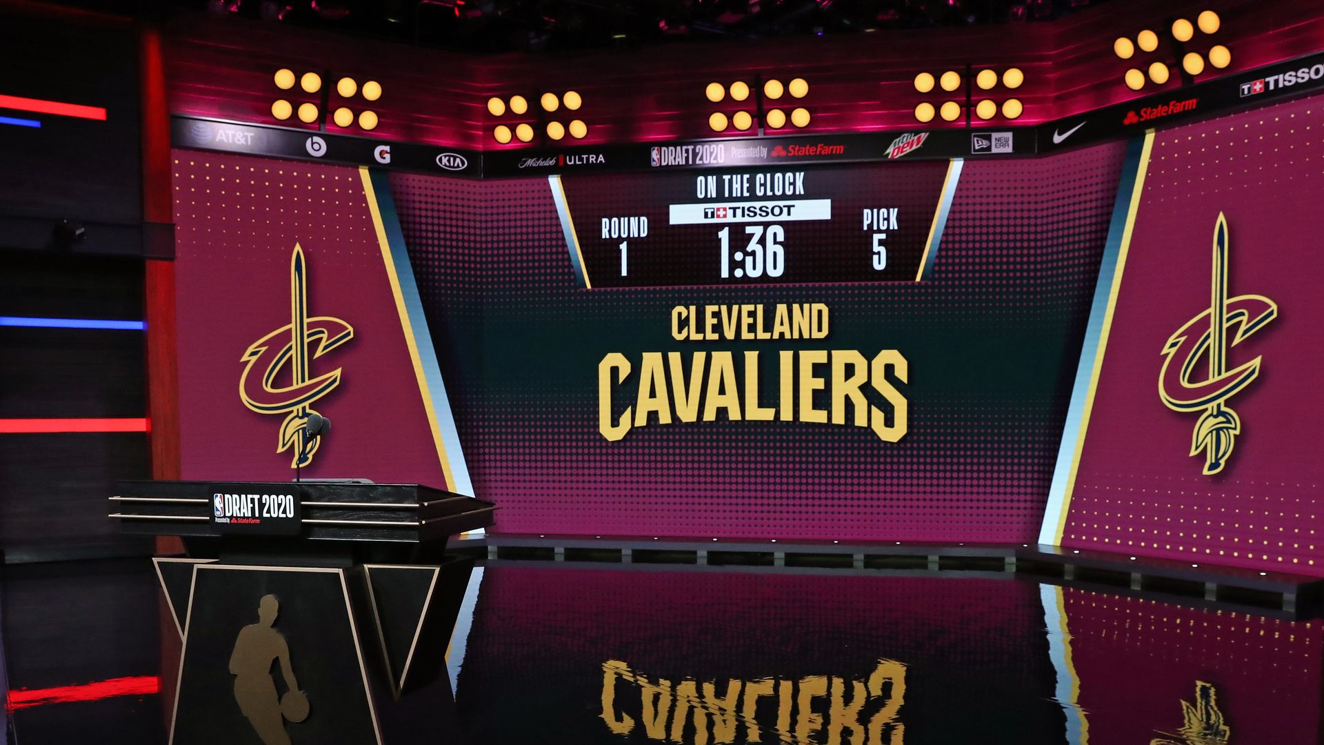Sign showing Cleveland Cavliers being "on the clock" during 2020 NBA Draft