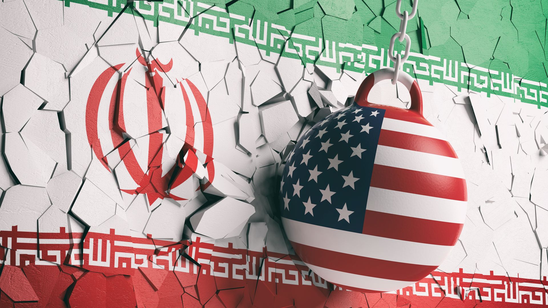 Illustration of USA flag wrecking ball breaking a Iran flag wall. 