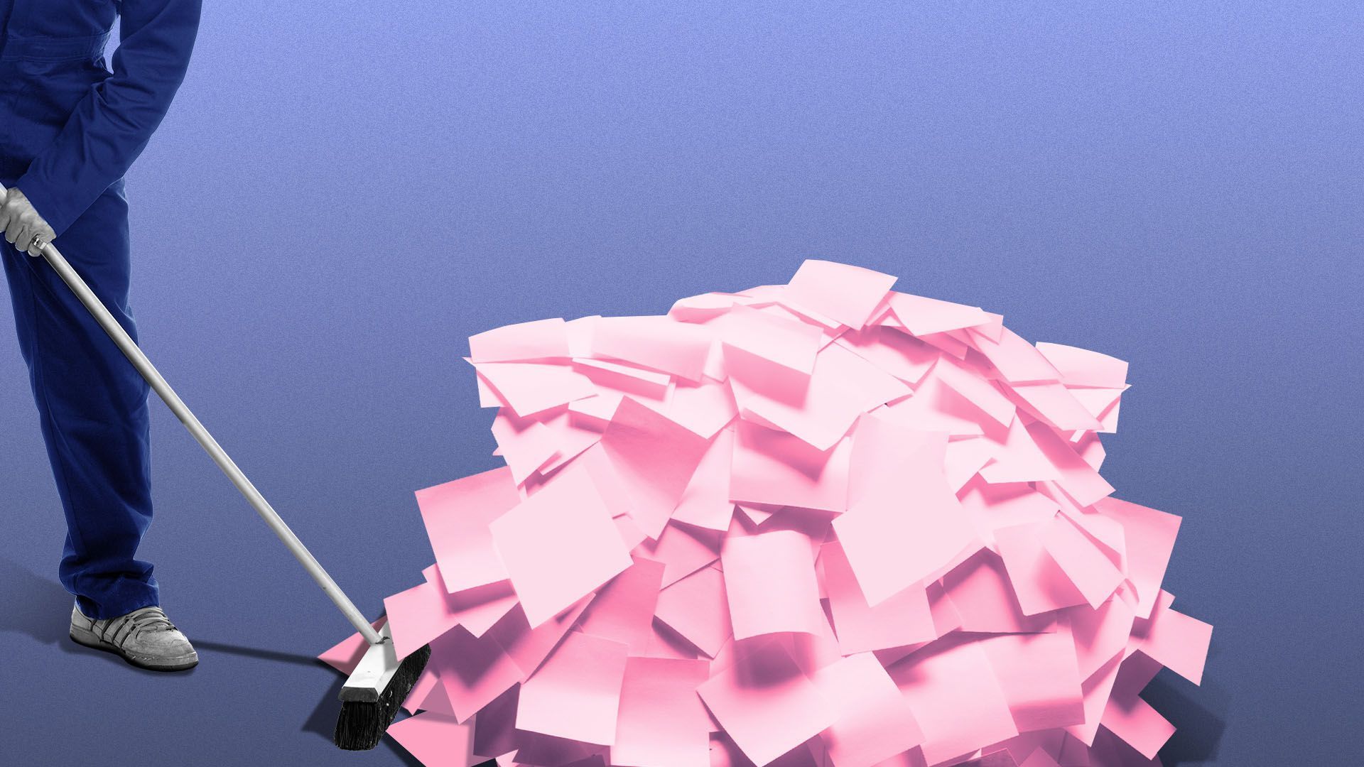 Illustration of a janitor pushing a pile of pink slips