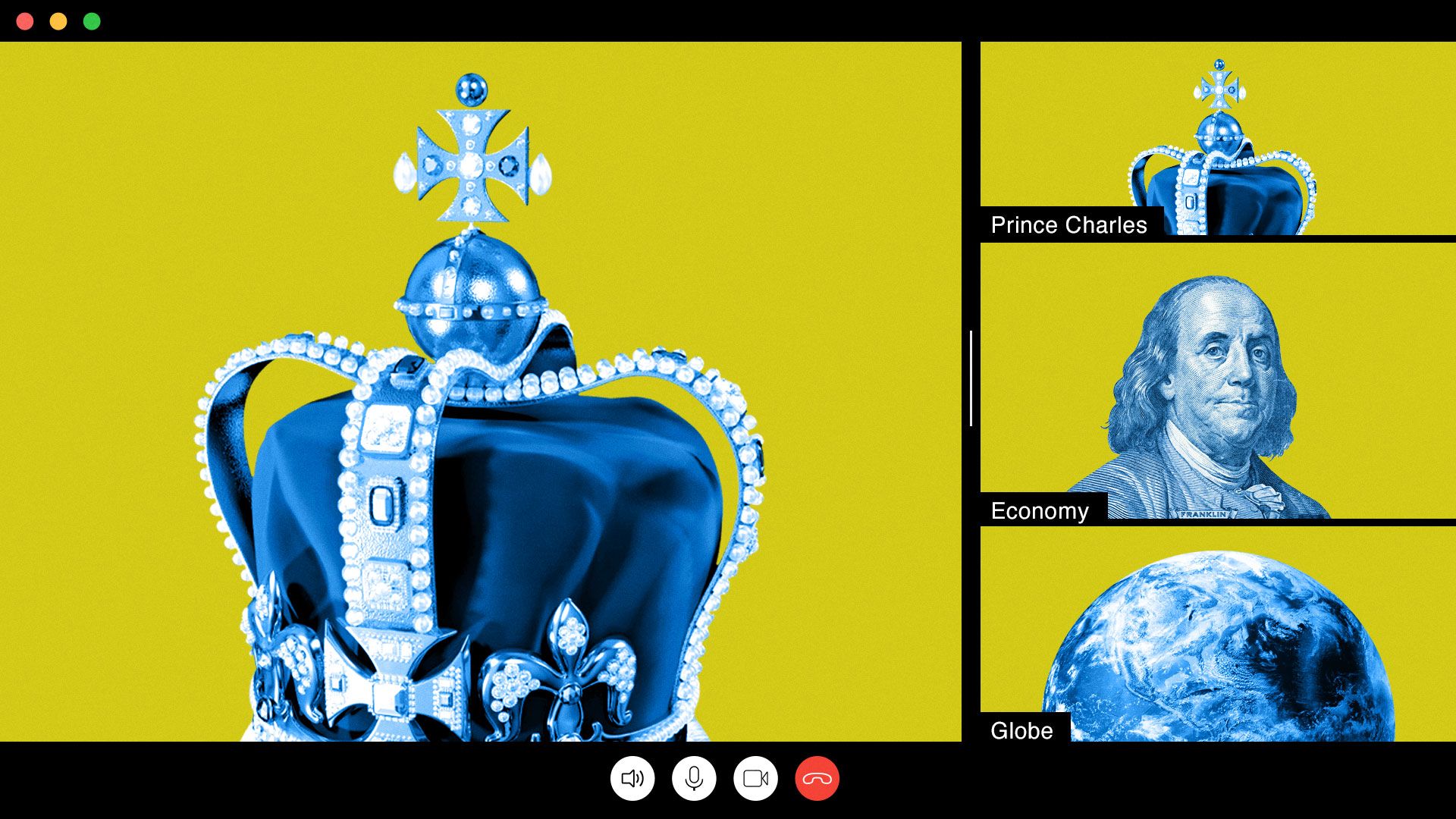Illustration of Zoom meeting with a crown, globe, and Ben Franklin