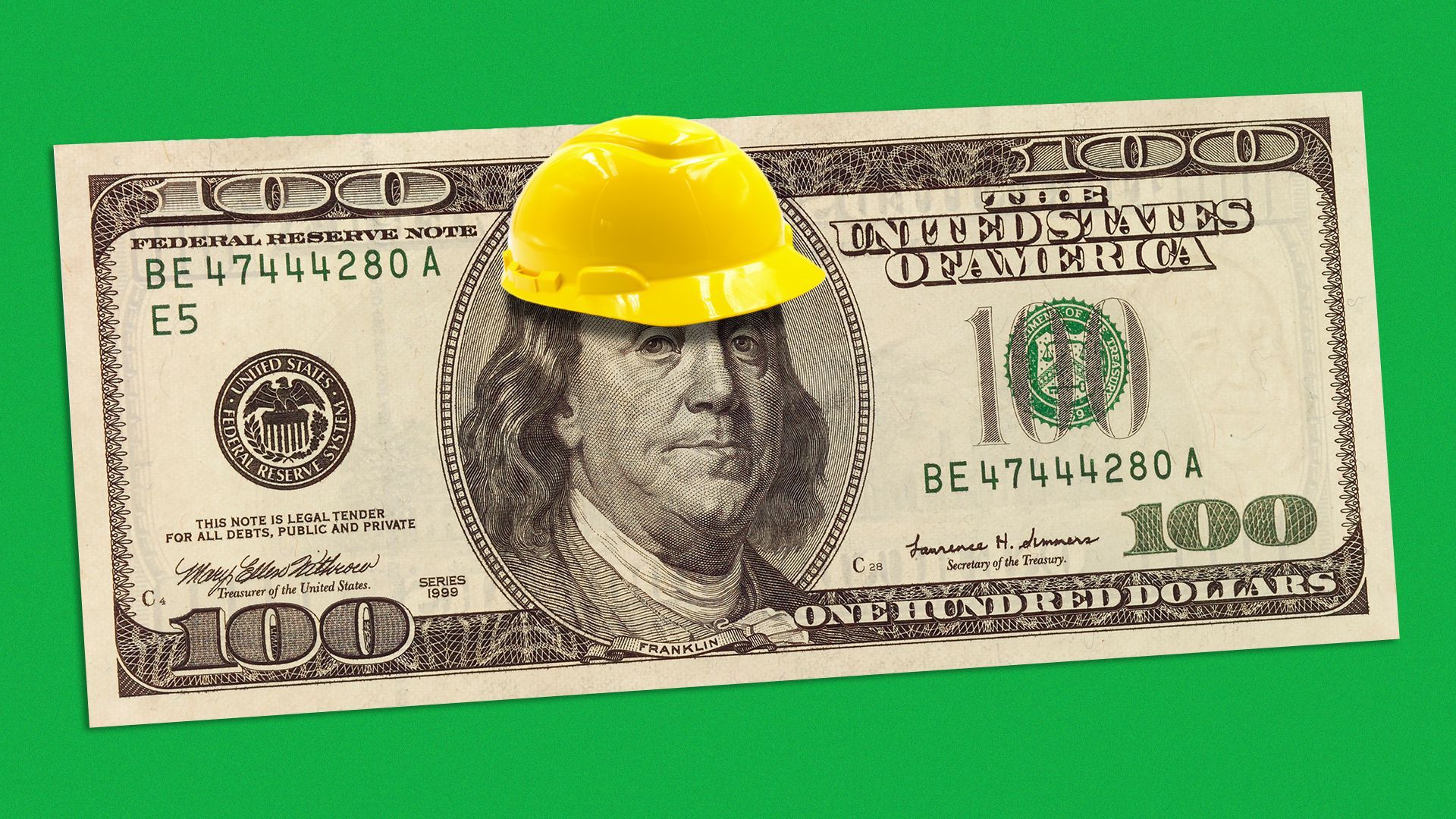 Illustration of a hundred dollar bill with Ben Franklin wearing a construction hat.