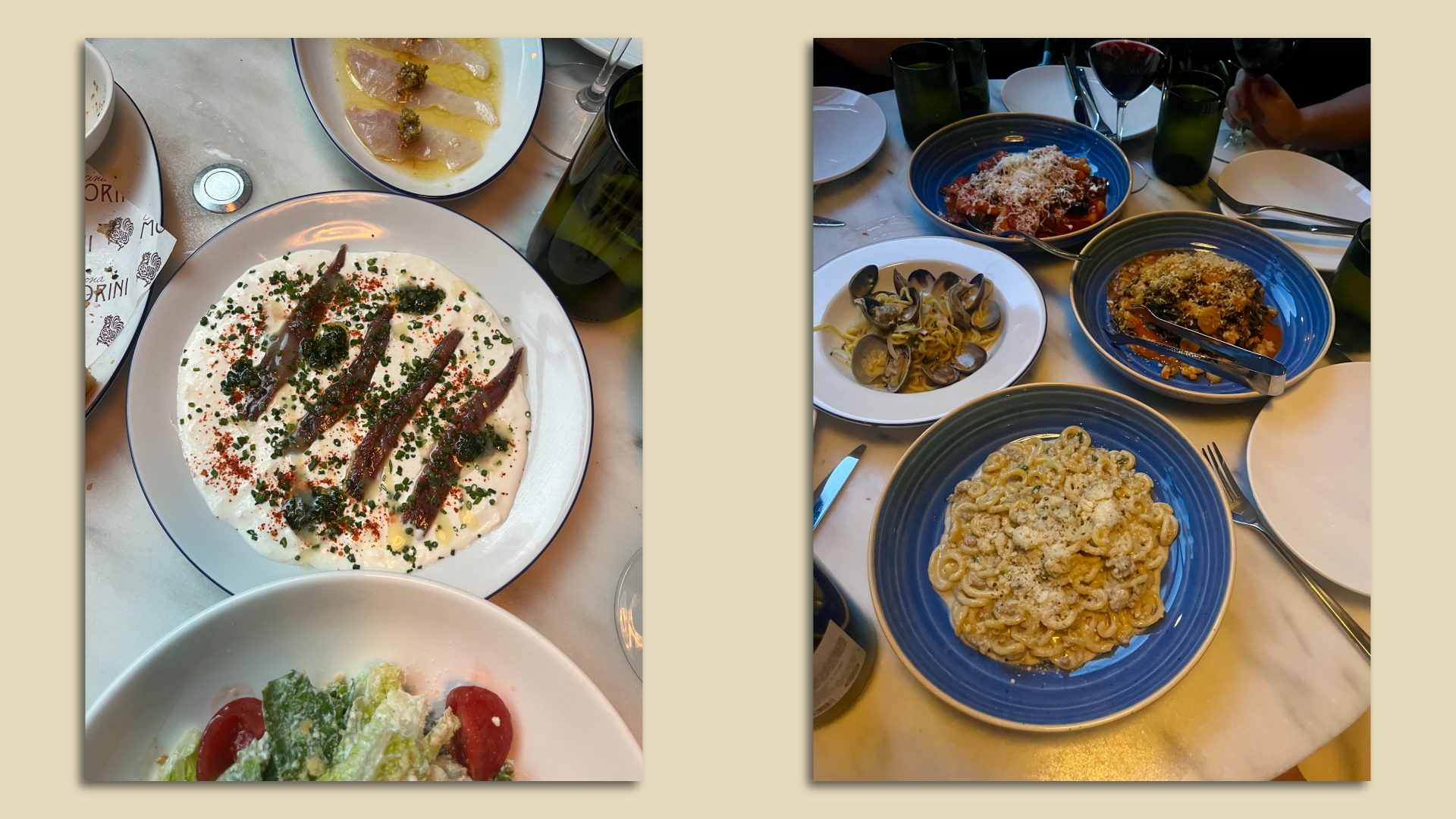 A plate of anchovies (left) and table of pastas on blue plates