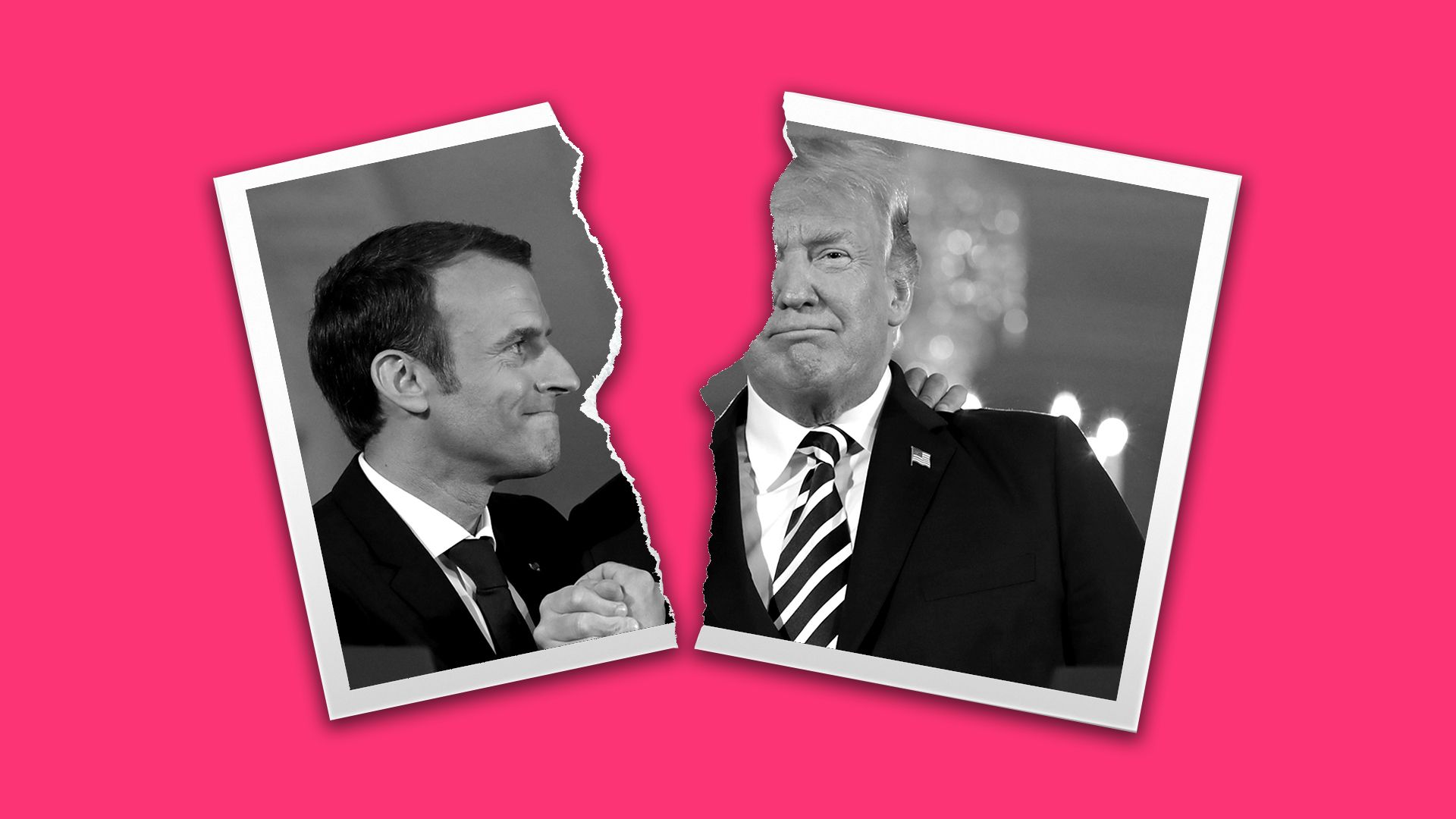 Illustration of torn photo of President Trump and President Macron