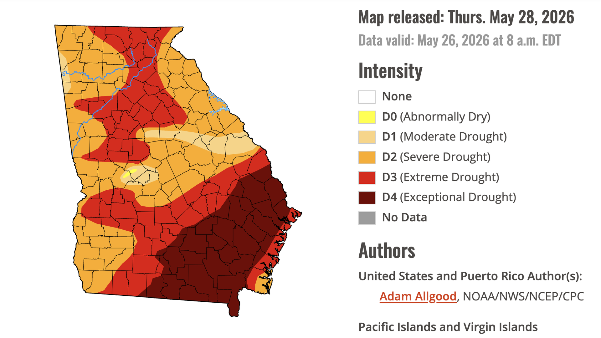 Map of North Carolina showing drought intensity by county with color codes: D0 yellow, D1 beige, D2 orange, D3 red, D4 dark red; blue rivers run through; right panel lists intensity legend and release date.