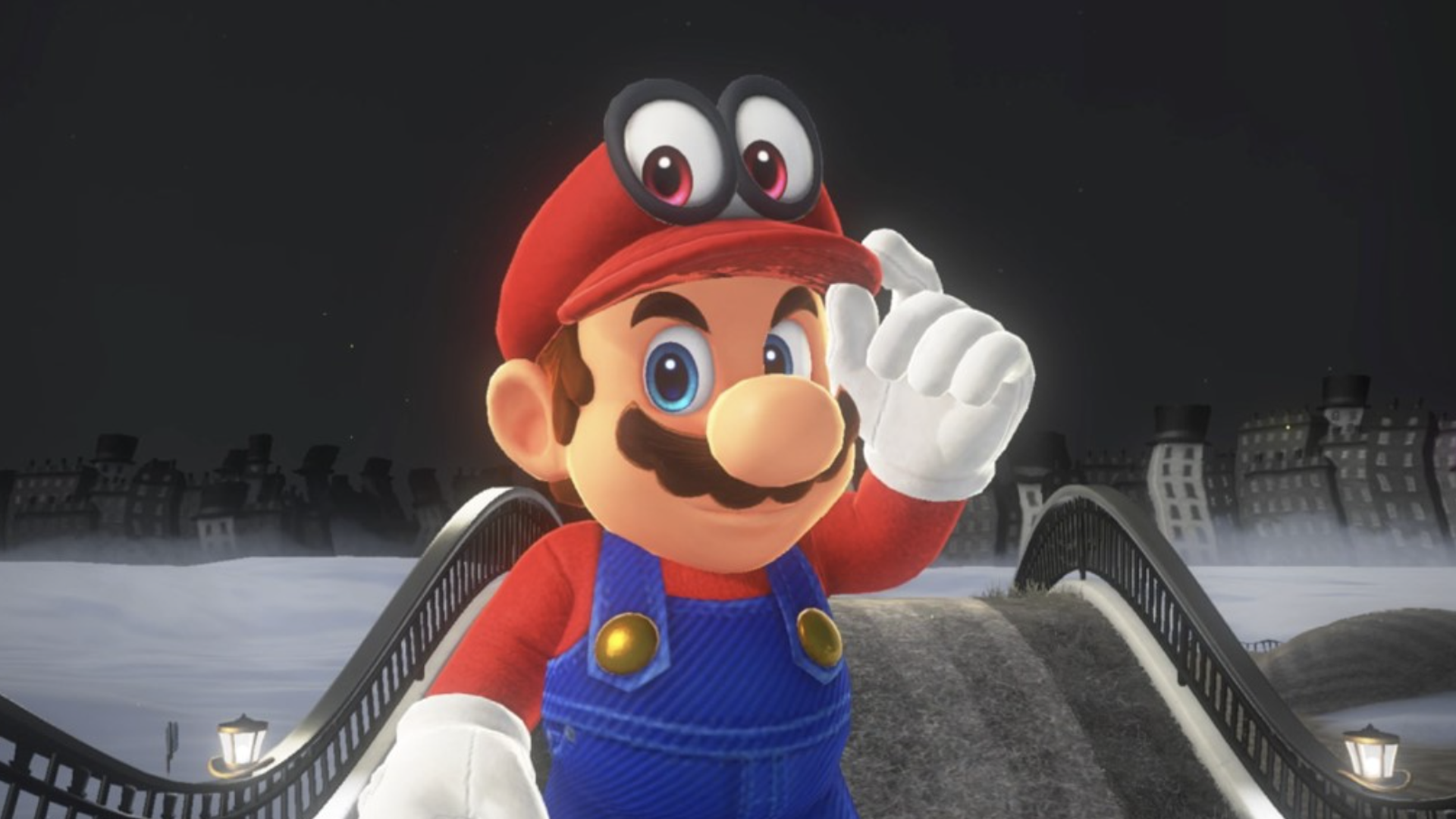 Video game screenshot of Super Mario standing on a bridge