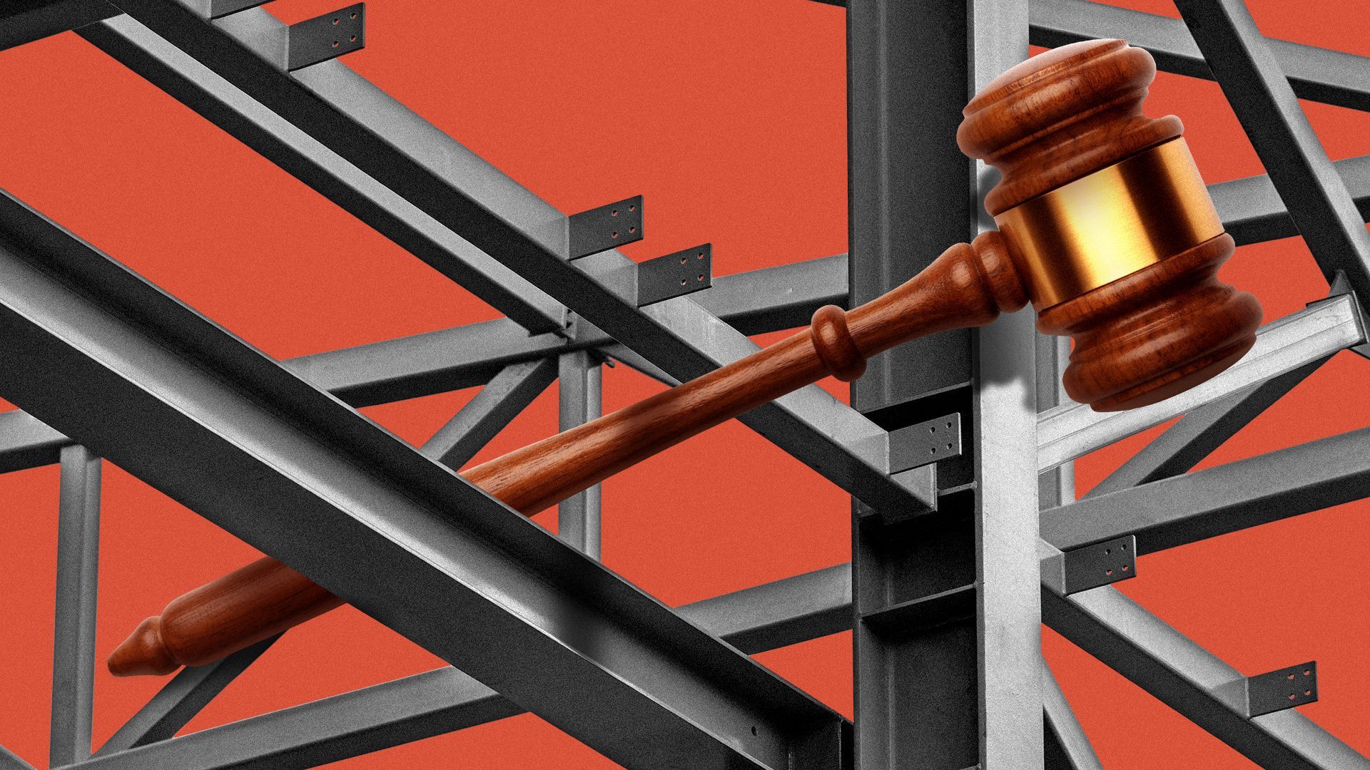 Illustration of a gavel within steel frames.