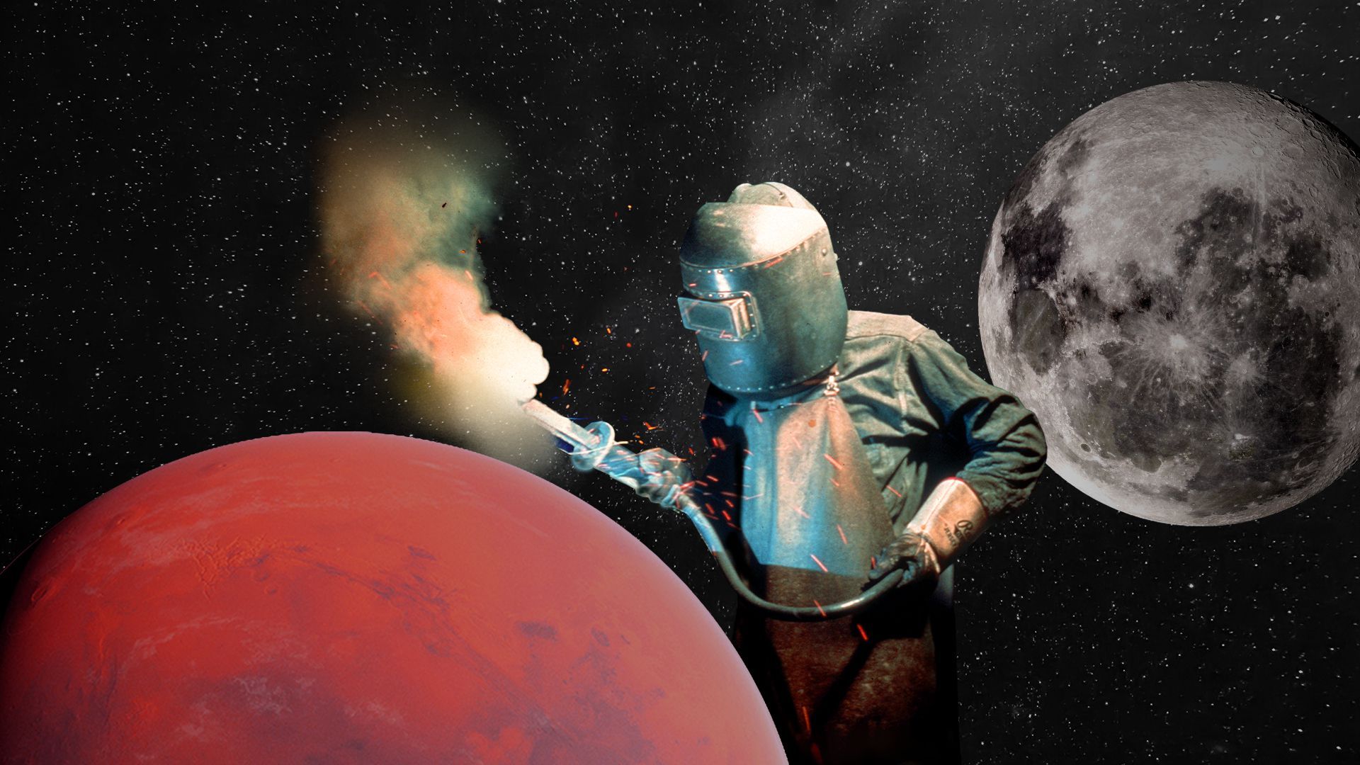 Photo illustration of a welder working over a red planet with the moon in the background