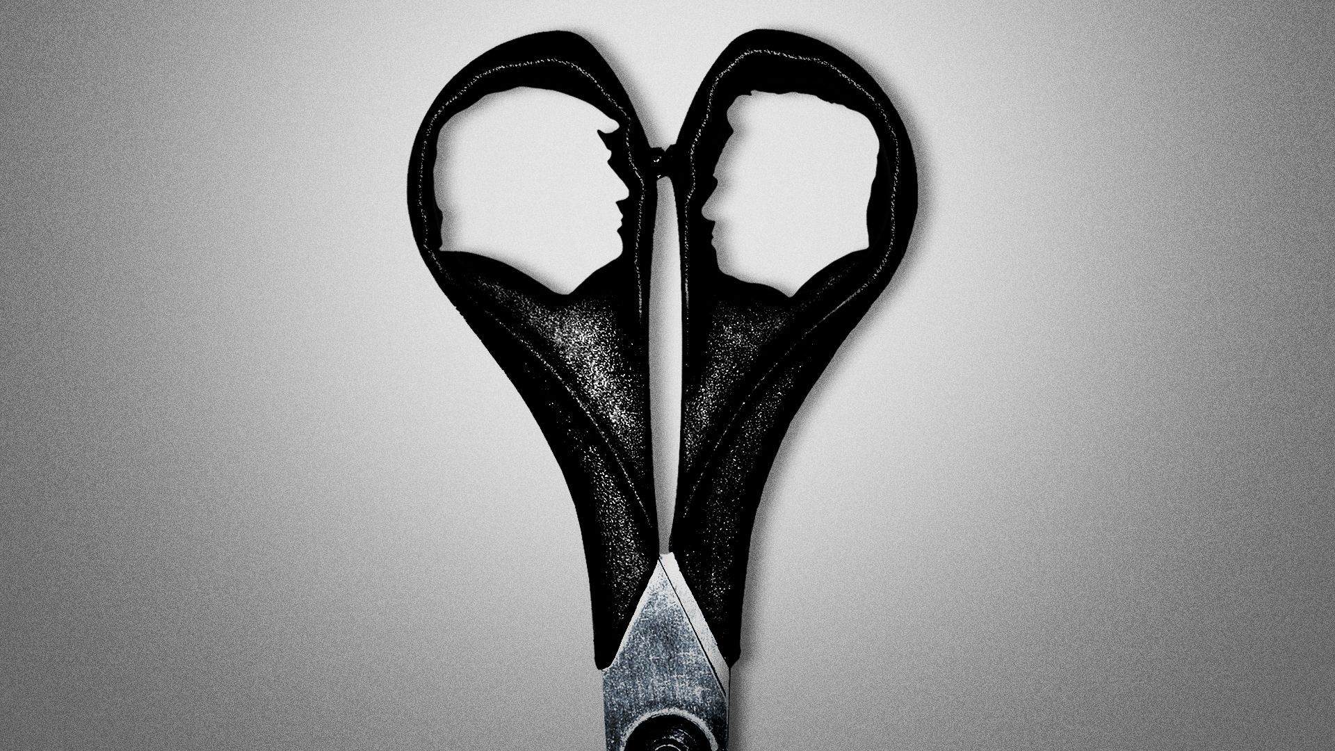 Illustration of a pair of scissors, where the handle openings are the silhouettes of Donald Trump and Elon Musk.