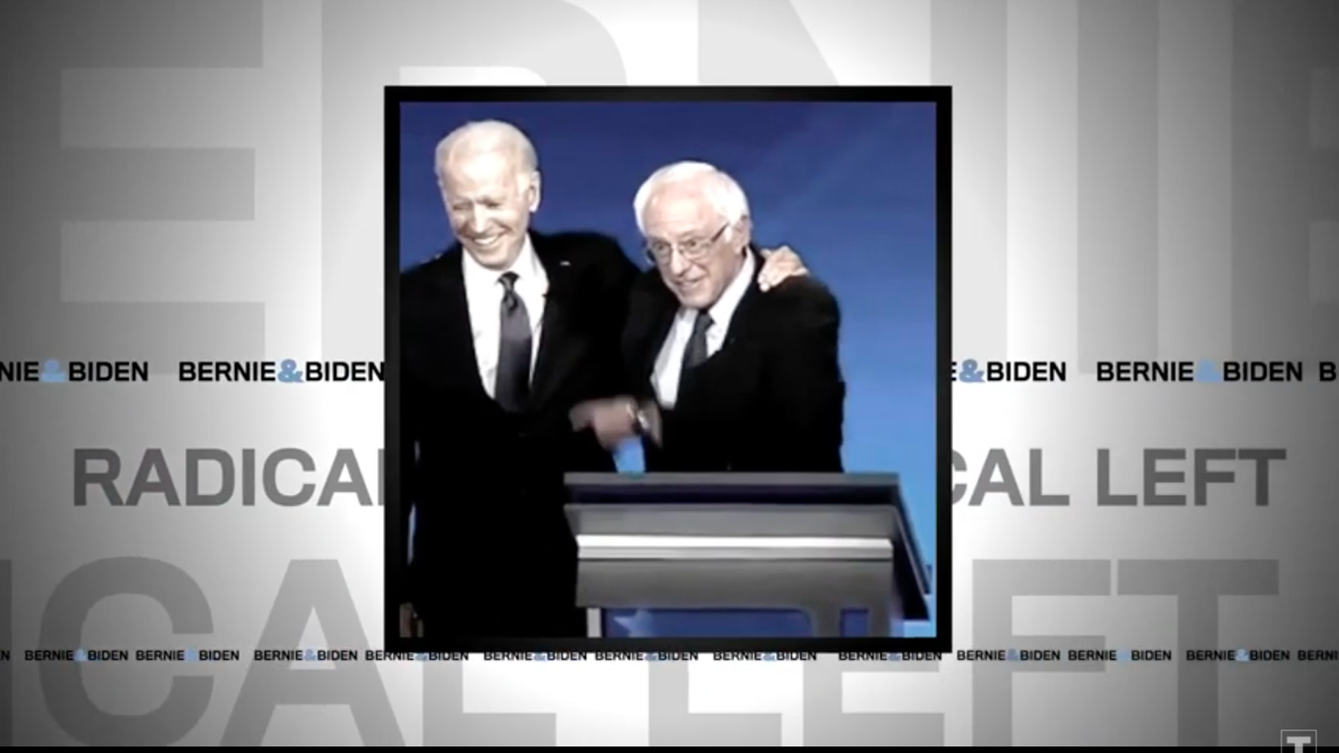 Screengrab of ad showing Joe Biden hugging Bernie Sanders