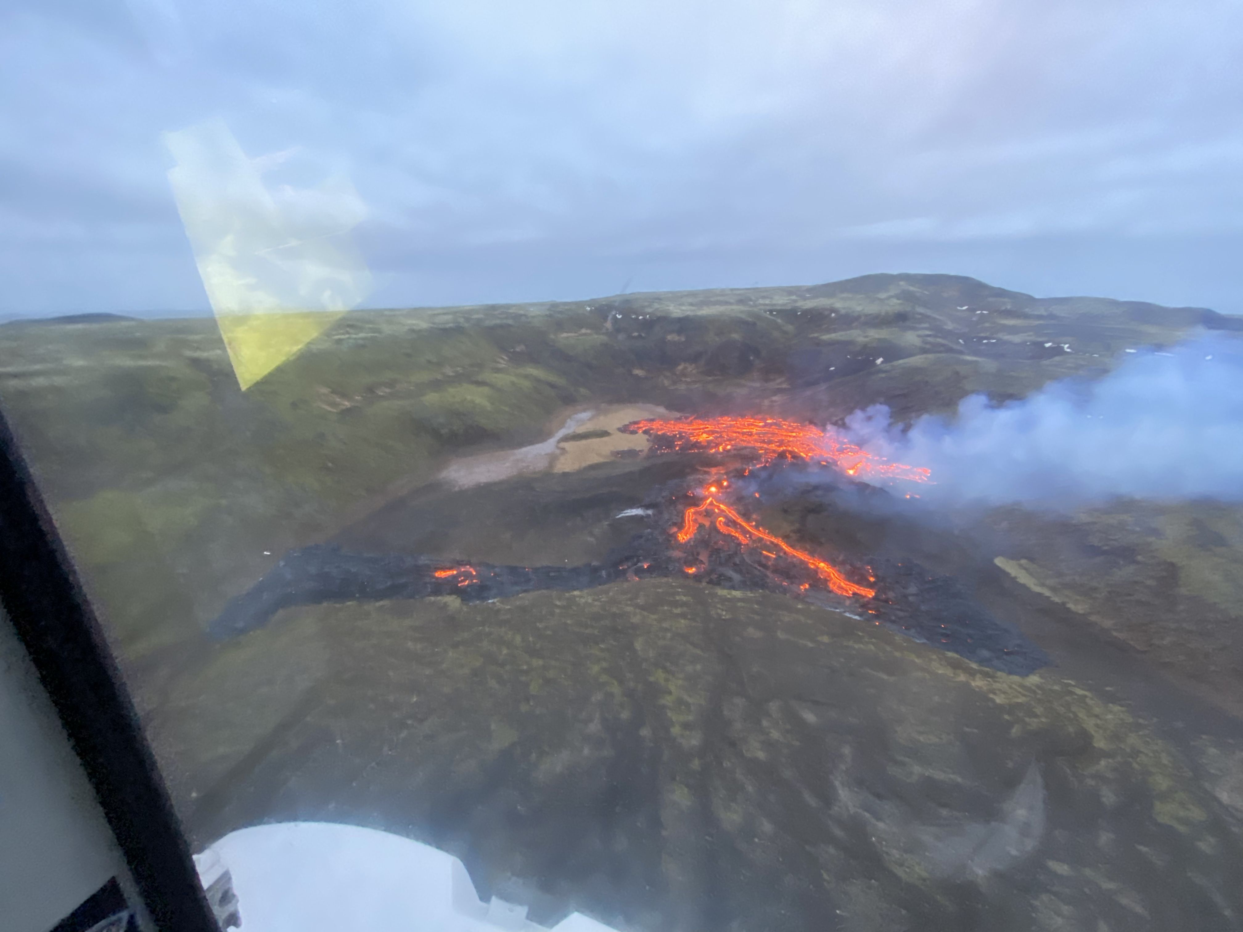 The lava flow from the eruption seen from a helicopter on March 20. 