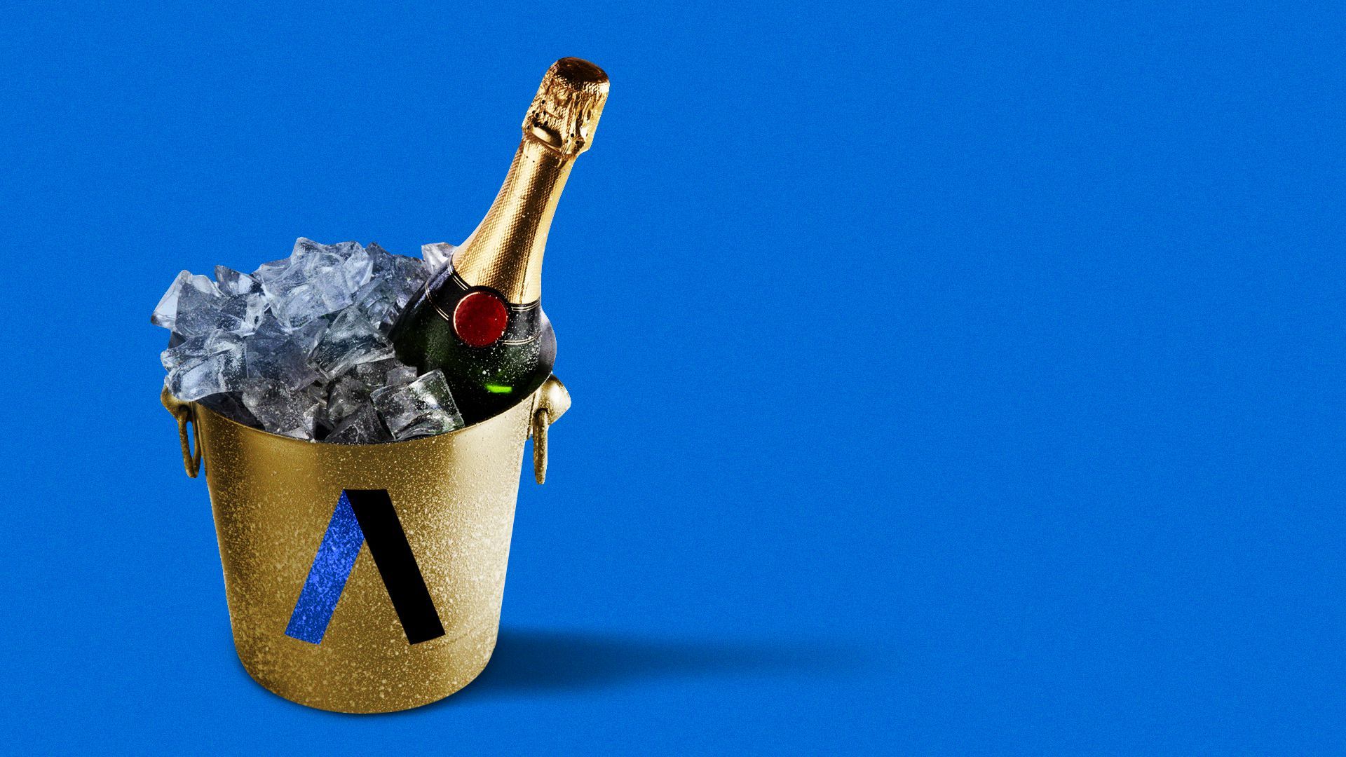 A champagne bottle in a gold cooler with the Axios logo.