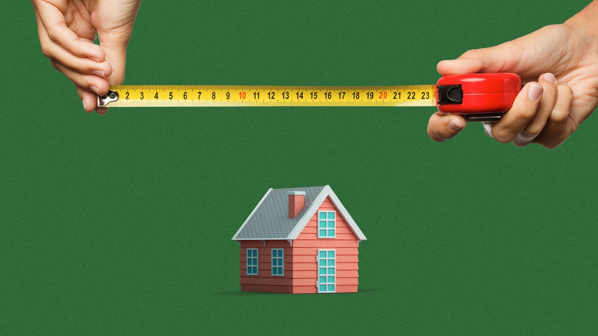 Illustration of a small house below a pair of hands holding measuring tape.