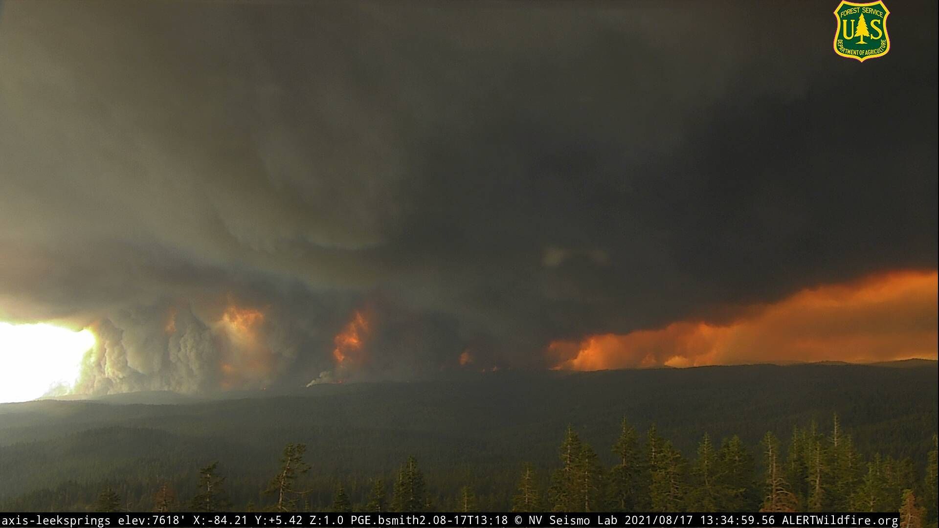  A view of the Caldor Fire in El Dorado County, California, around 1 p.m. PST on Aug. 17.