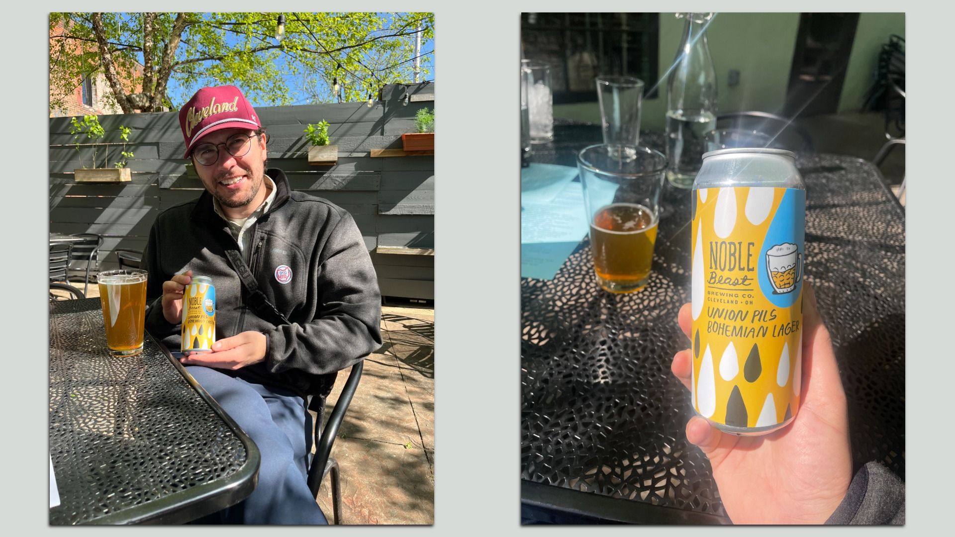 Side by side photos of man in hat holding beer / and beer can