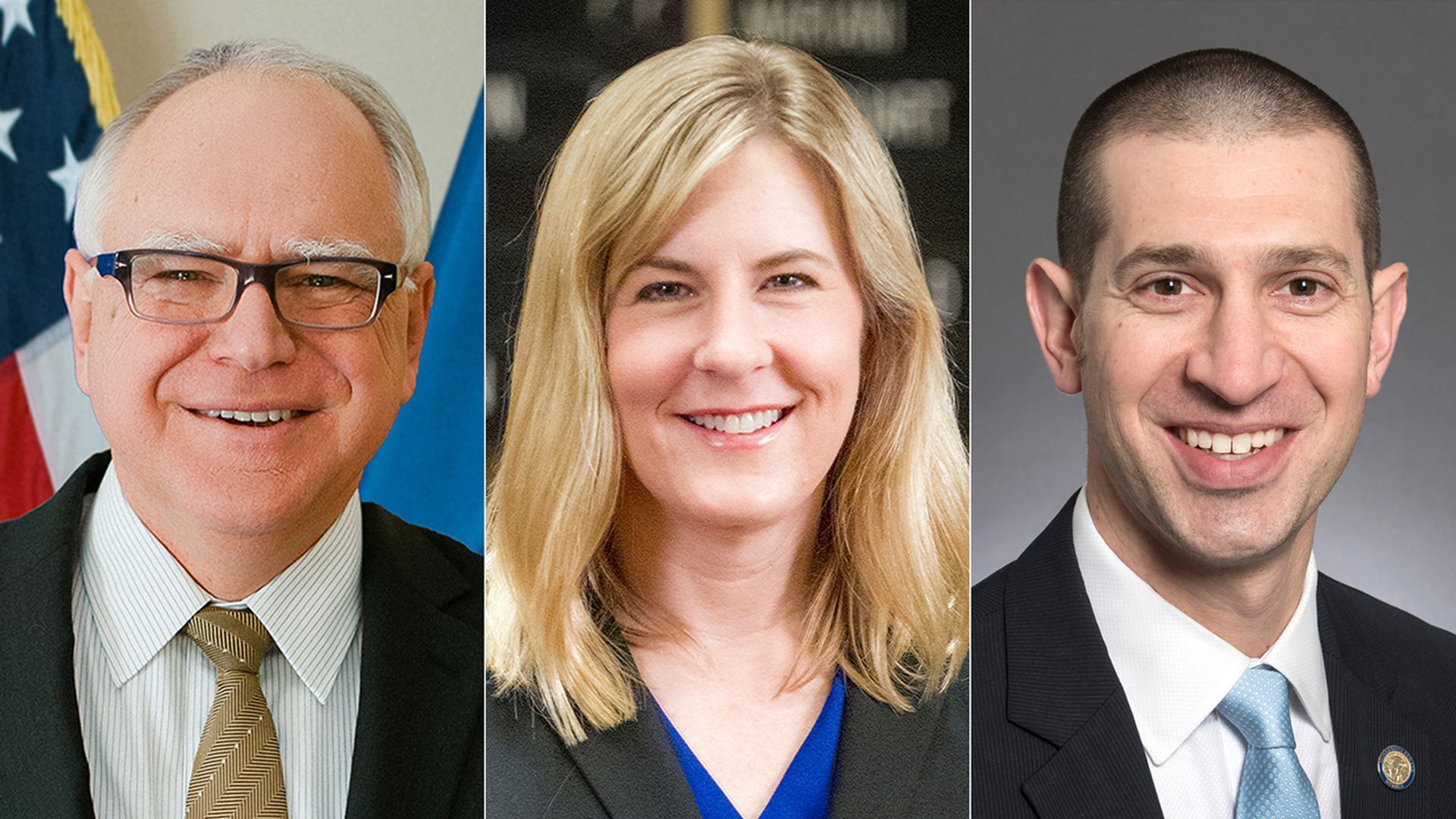 Three side-by-side headshots of Minnesota Gov. Tim Walz, State House Speaker Melissa Hortman and State Senate Majority Leader Jeremy Miller.