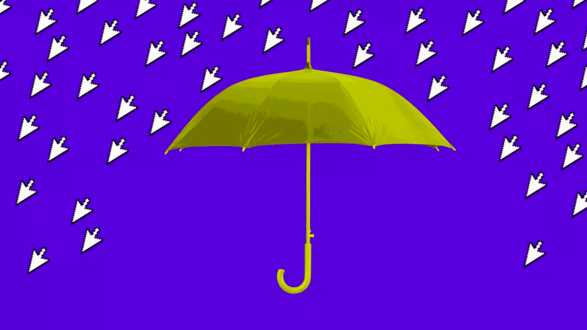 In this illustration, a yellow umbrella shields a rain made of pixelated mouses.