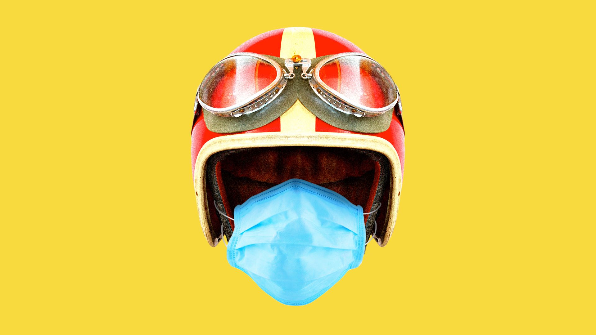Illustration of a driving helmet and goggles with a surgical mask. 