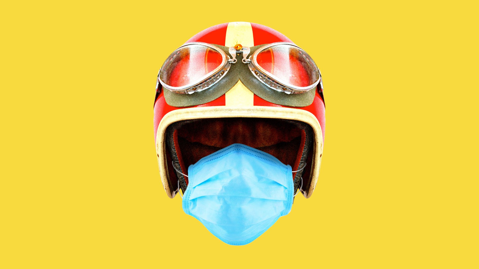 Illustration of a driving helmet and goggles with a surgical mask.
