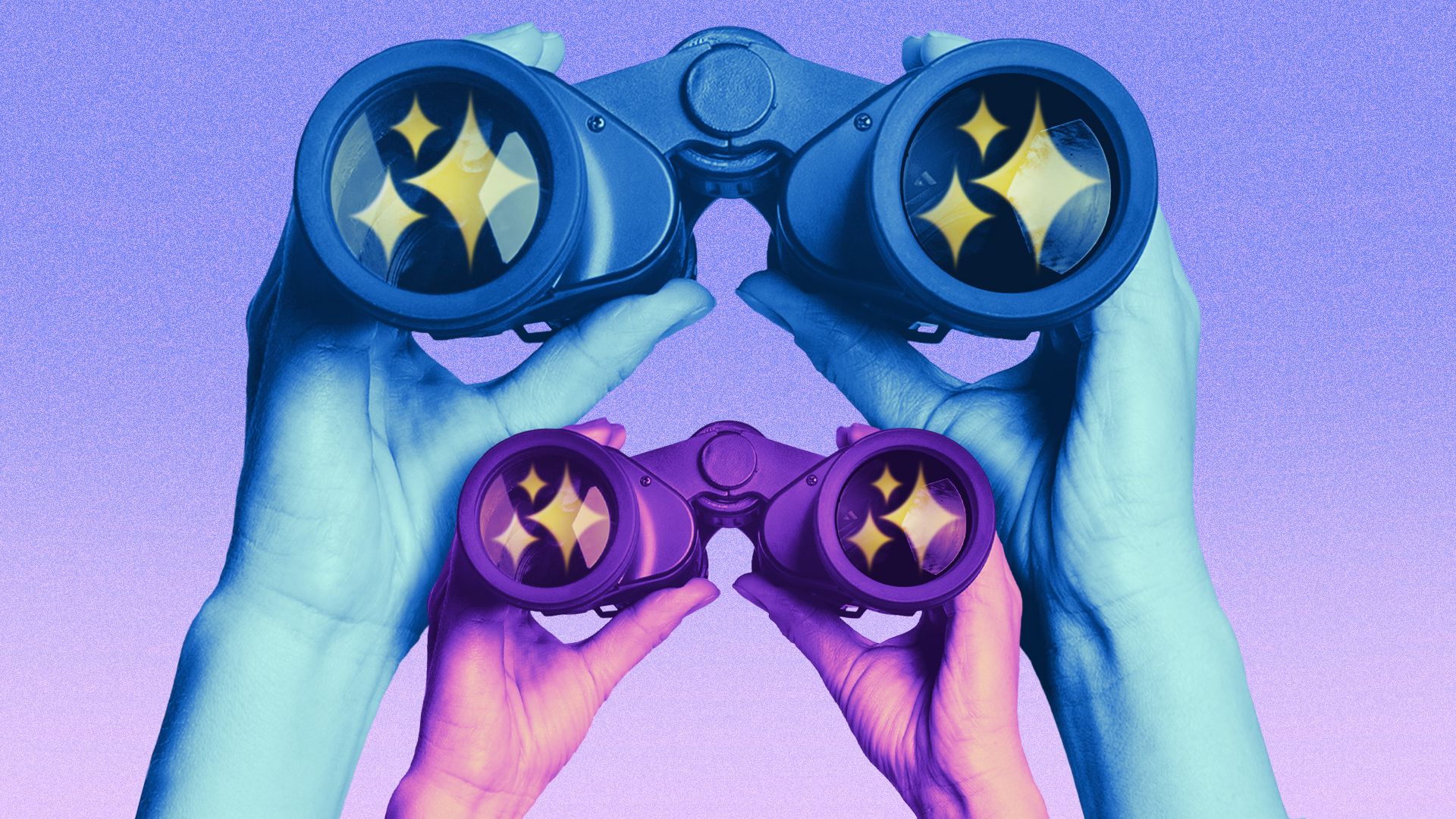 Illustration of two sets of hands holding binoculars against a purple background, with AI sparkle emojis reflected in each set of lenses, digital art with purple and blue color overlay.