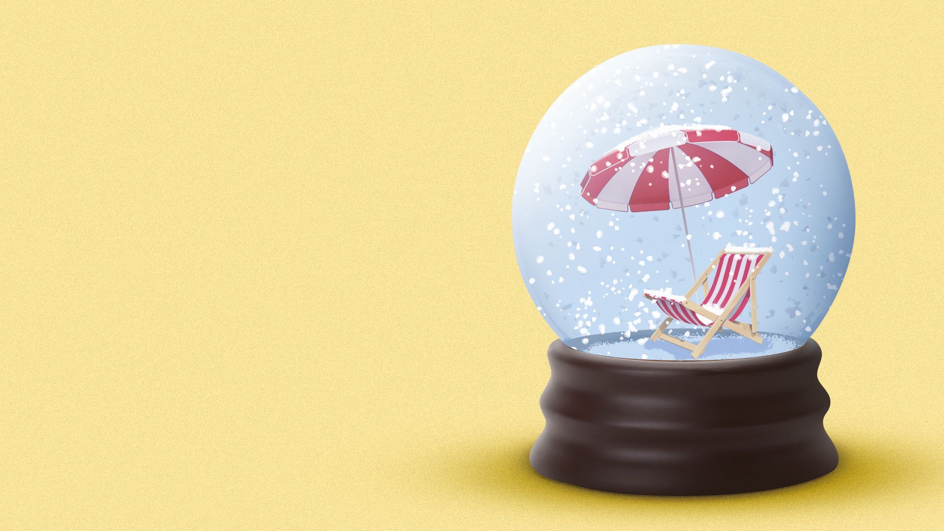 Illustration of a beach chair an umbrella in a snow globe.