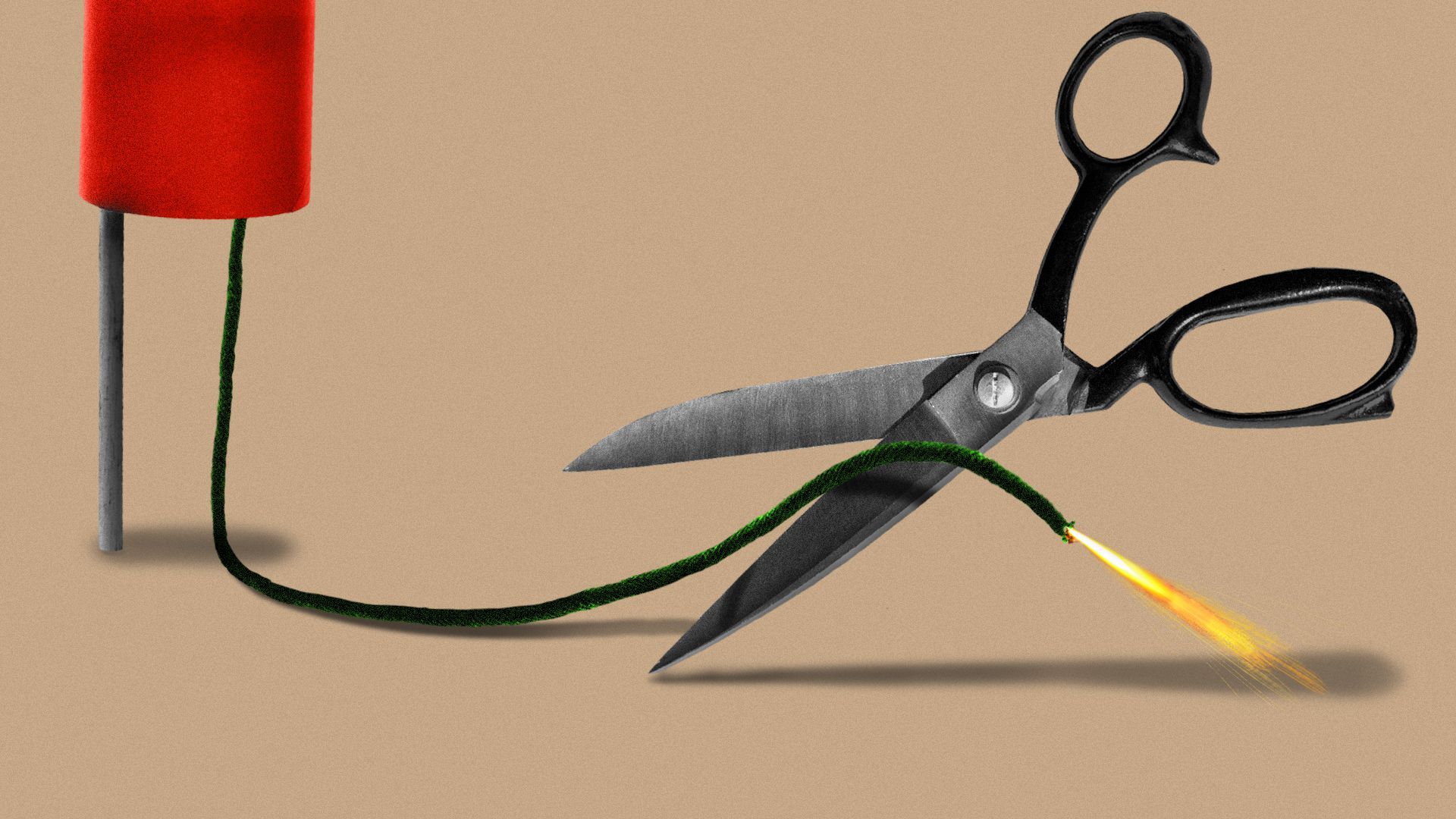 Illustration of scissors cutting a lit fuse on a firecracker.