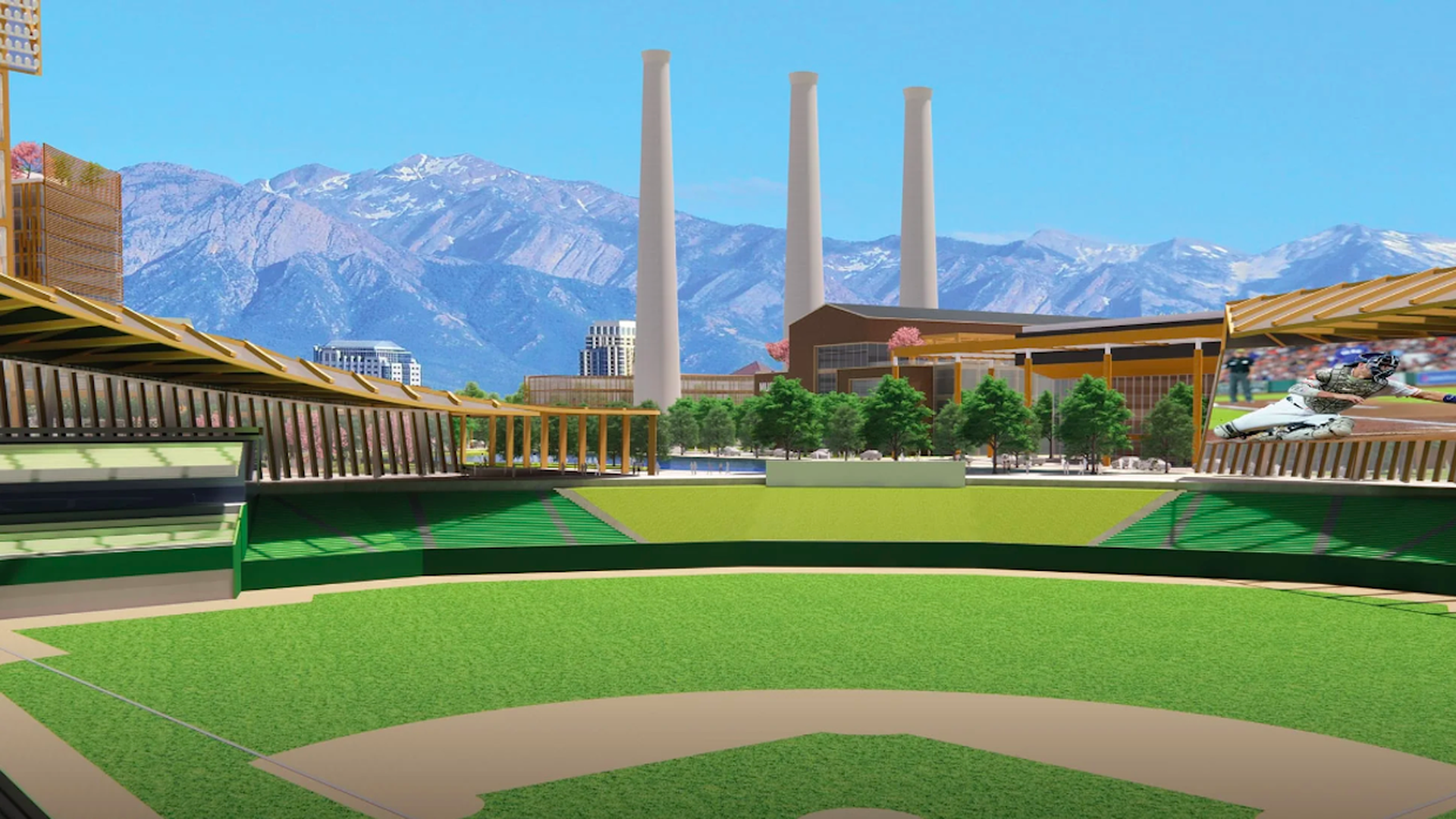 A futuristic baseball stadium with a green field and wooden bleachers. In the background are three tall smokestacks, trees, and a modern building, with snow-capped mountains under a blue sky.