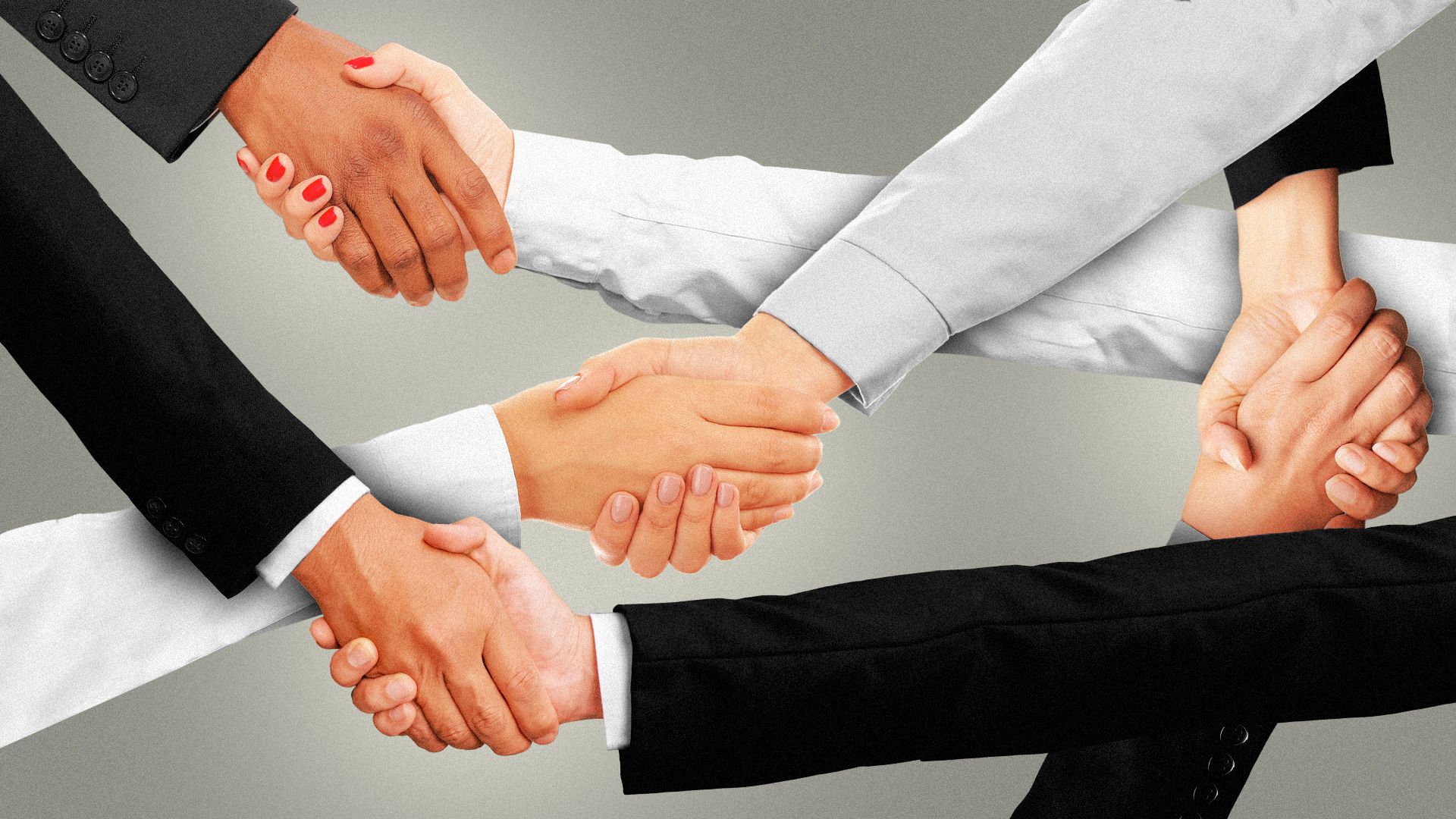 Illustration of a bunch of different hands and arms stretching across each other to shake hands. 