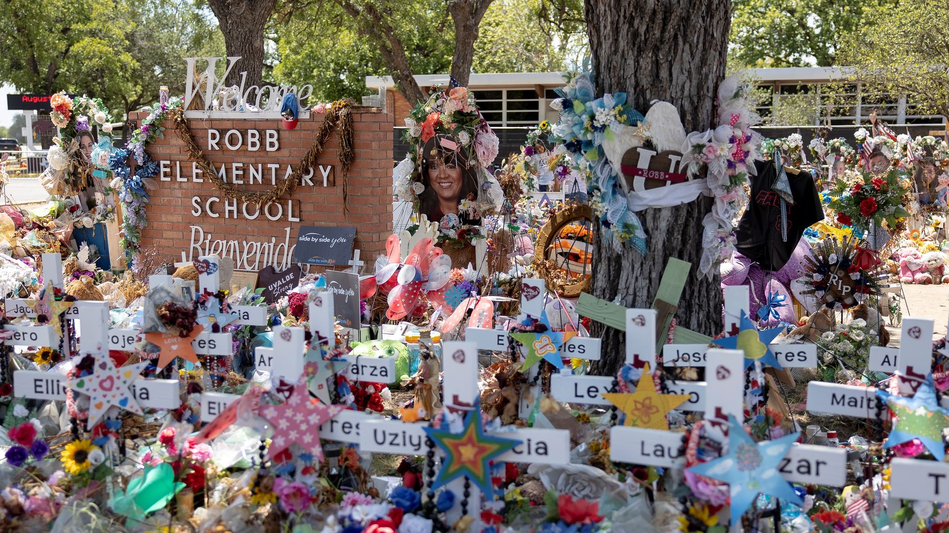 A makeshift memorial site outside the Robb Elementary School in Uvalde, Texas in August.