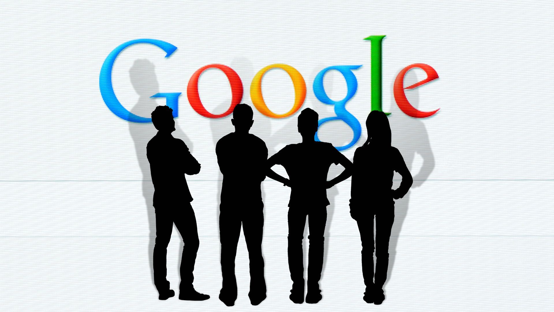 Illustration of four angry employees in silhouette facing the Google search homepage