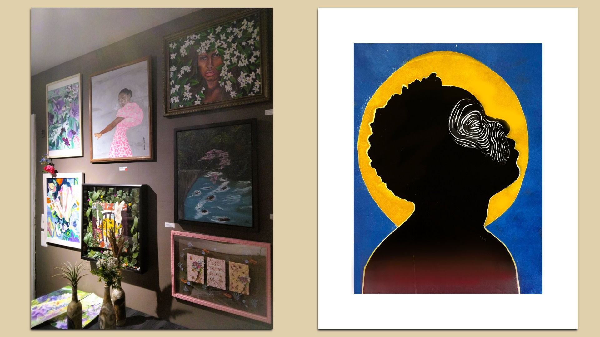 Gallery wall with six framed artworks including a woman in pink, floral face portrait, nature scenes, and abstract pieces; beside it, a single art piece - a silhouette of a profile. 