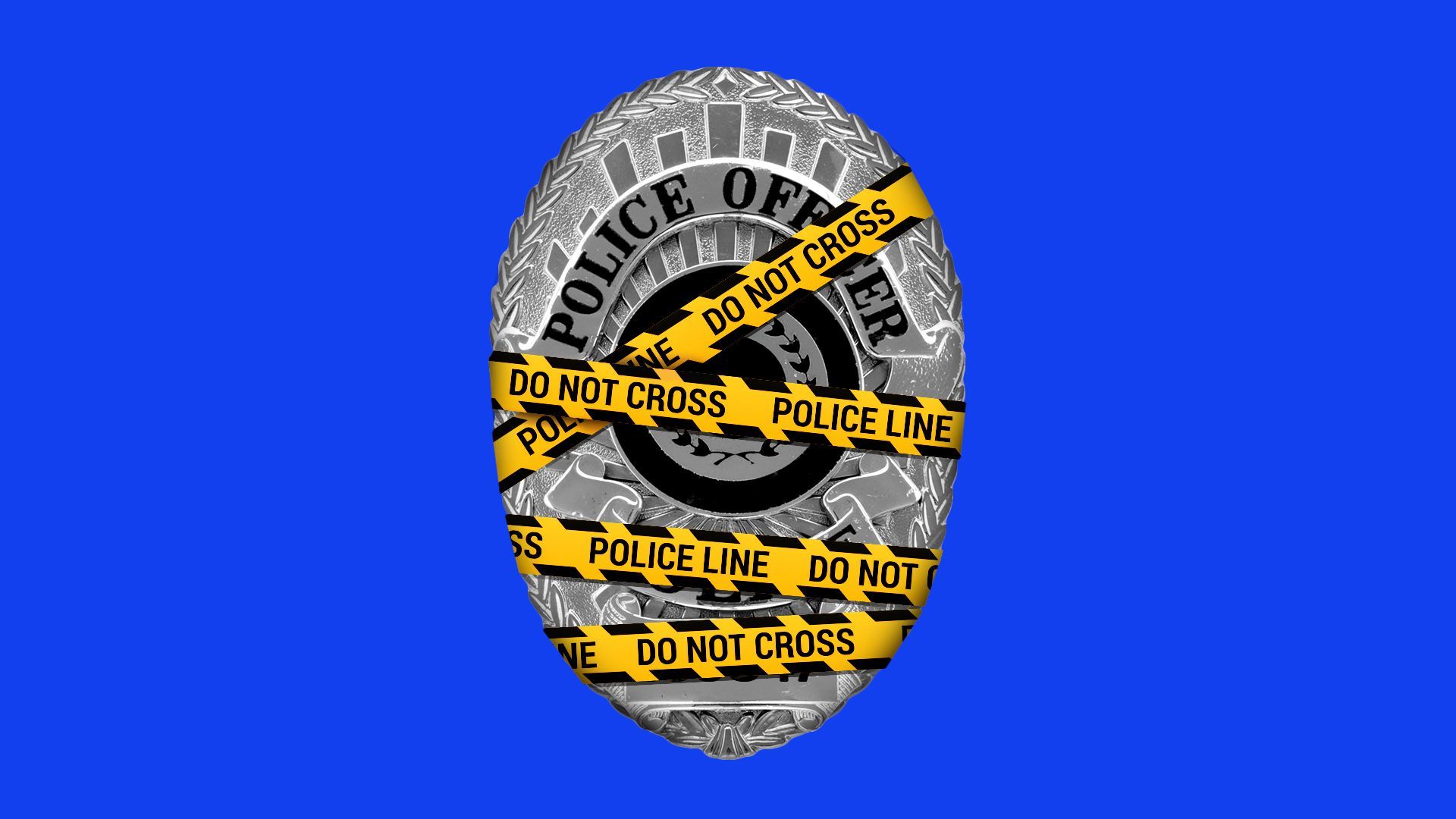 Illustration of a police badge wrapped up in yellow tape that reads, "Police Line Do Not Cross."